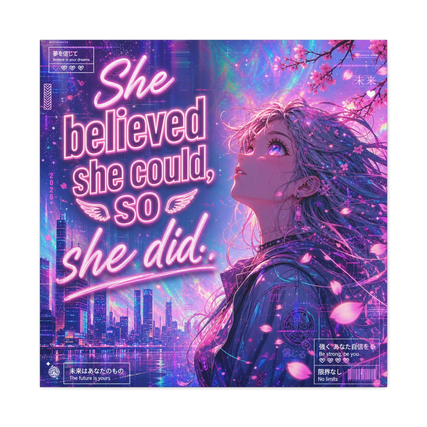 "She Believed She Could, So She Did" Anime Girl Canvas Wall Art - Neon Sakura Cityscape, Inspirational Typography Print - Contemporary Bedroom Wall Decor, Teenager Room Decor - Bedroom Home Decoration