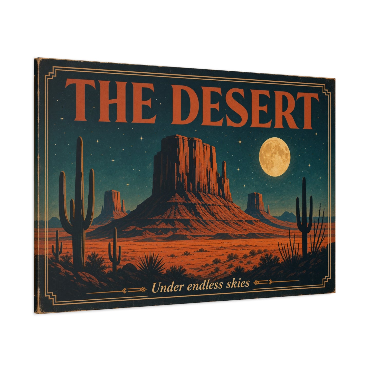 "THE DESERT" Canvas Wall Art - Moonlit Saguaro Desert Mesa Landscape, "Under endless skies" - Vintage Southwest Poster Style, Living Room Wall Decor, Bedroom Home Decoration - Bedroom Home Decoration