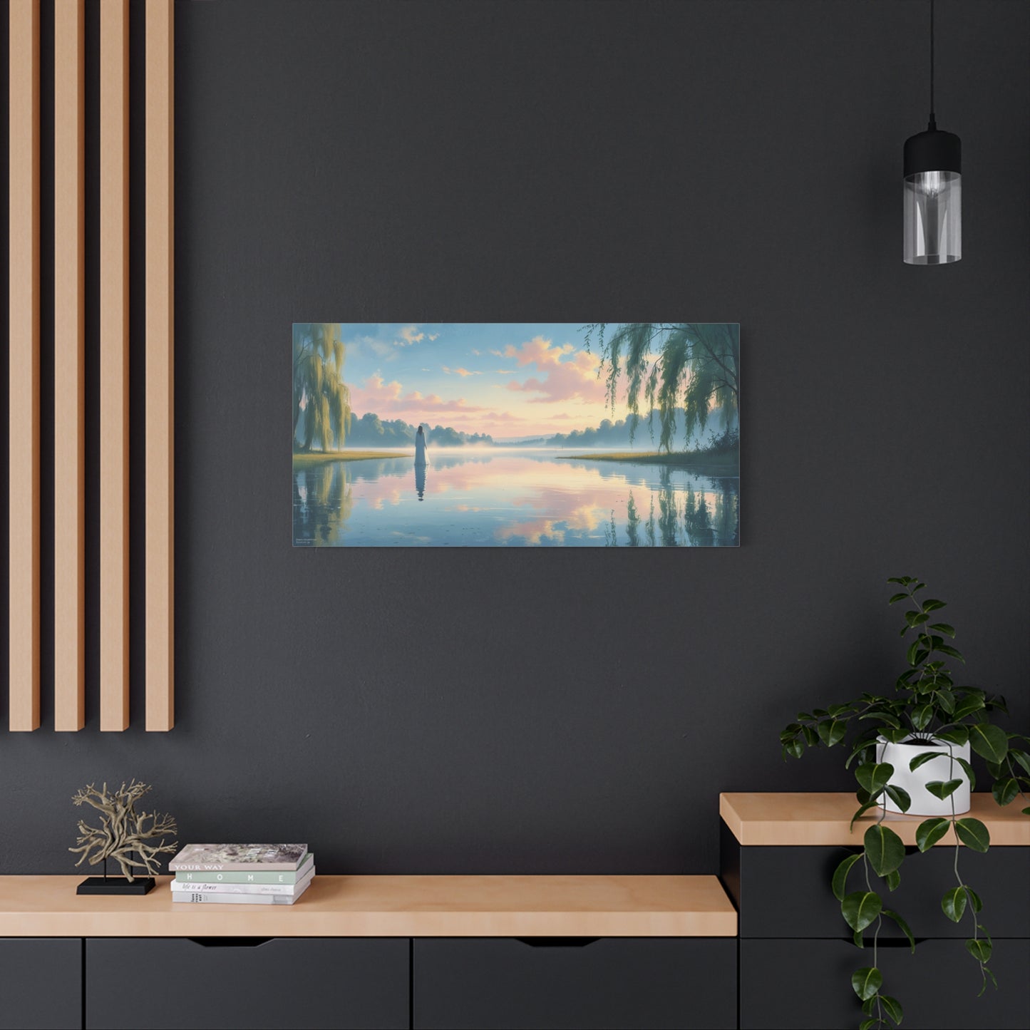 Woman In White By Misty Lake Canvas Wall Art - Pastel Sunrise Waterscape, Willow Trees Reflection - Matte Cotton Print - Contemporary Landscape Decor For Living Room Bedroom Office - Office Wall Art