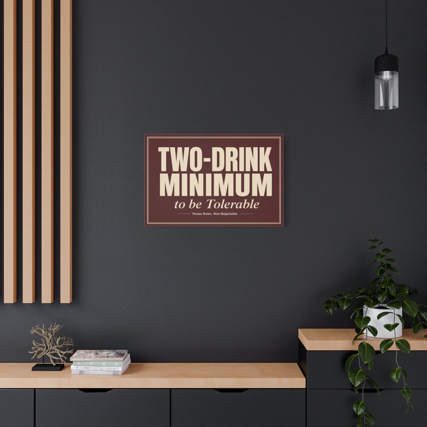 "TWO-DRINK MINIMUM to be Tolerable" Funny Typography Canvas Wall Art - Vintage Bar Quote Decor, Retro Humor Sign, Burgundy Cream Wall Hanging - Ready to Hang - Cocktail Lounge Decor - HP Latex Print
