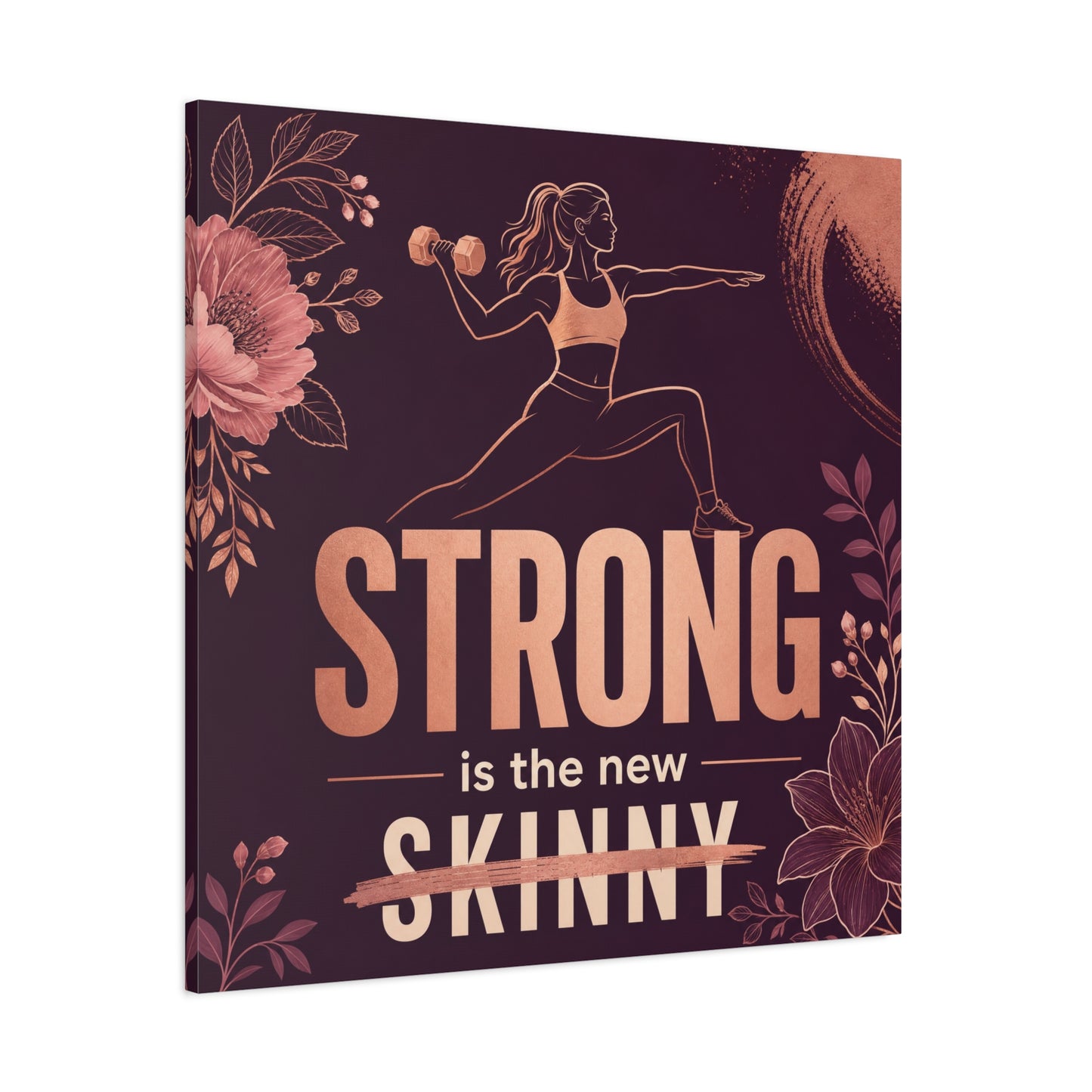 "Strong Is The New Skinny" Fitness Canvas Wall Art - Woman With Dumbbell Floral Quote Print - Rose Gold Motivational Decor - Modern Bedroom Wall Decor - Bedroom Home Decoration - Cozy Reading Nook Art