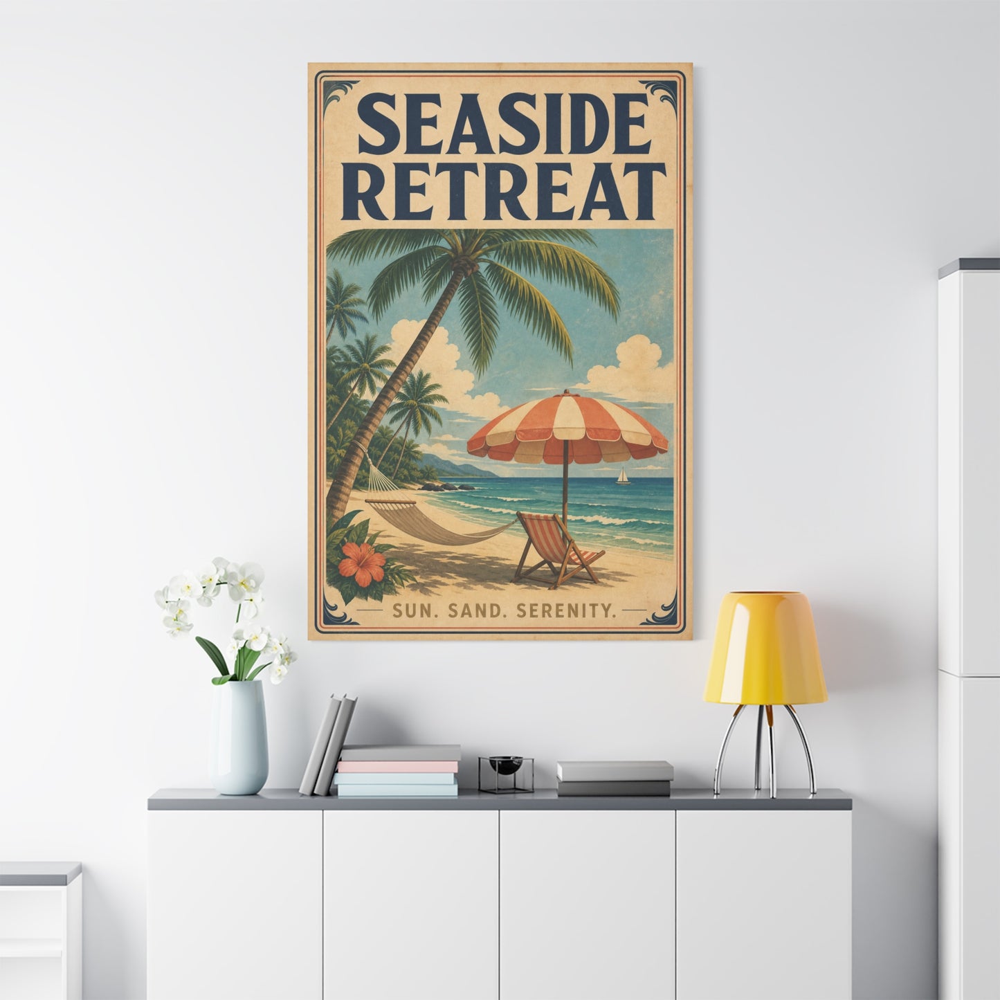 "Seaside Retreat" Tropical Beach Canvas Wall Art - Vintage Coastal Palm Tree Hammock Poster Print, Sun Sand Serenity Typography, Retro Ocean Decor For Bedroom Living Room - Living Room Wall Decor