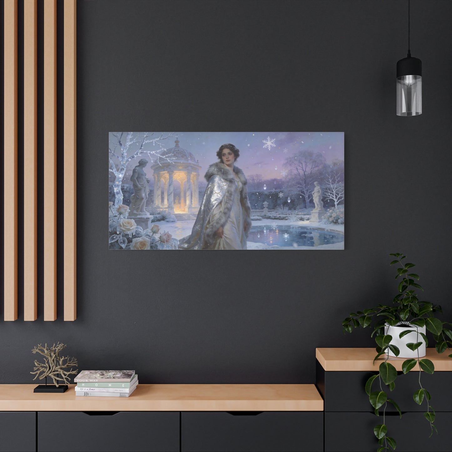 Winter Garden Woman Canvas Wall Art - Snowy Pavilion, Frosted Roses, Classical Statues - Ethereal Traditional Painting - Bedroom Wall Decor, Living Room Home Accent - Bedroom Home Decoration