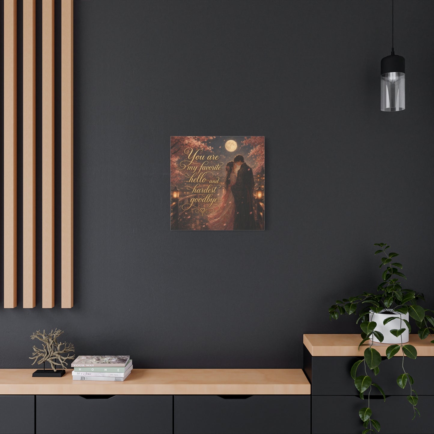 "You Are My Favorite Hello And Hardest Goodbye" Romantic Canvas Wall Art - Moonlit Cherry Blossom Couple, Gold Script Quote Print - Traditional Love Decor, Bedroom Wall Hanging - Cozy Reading Nook Art