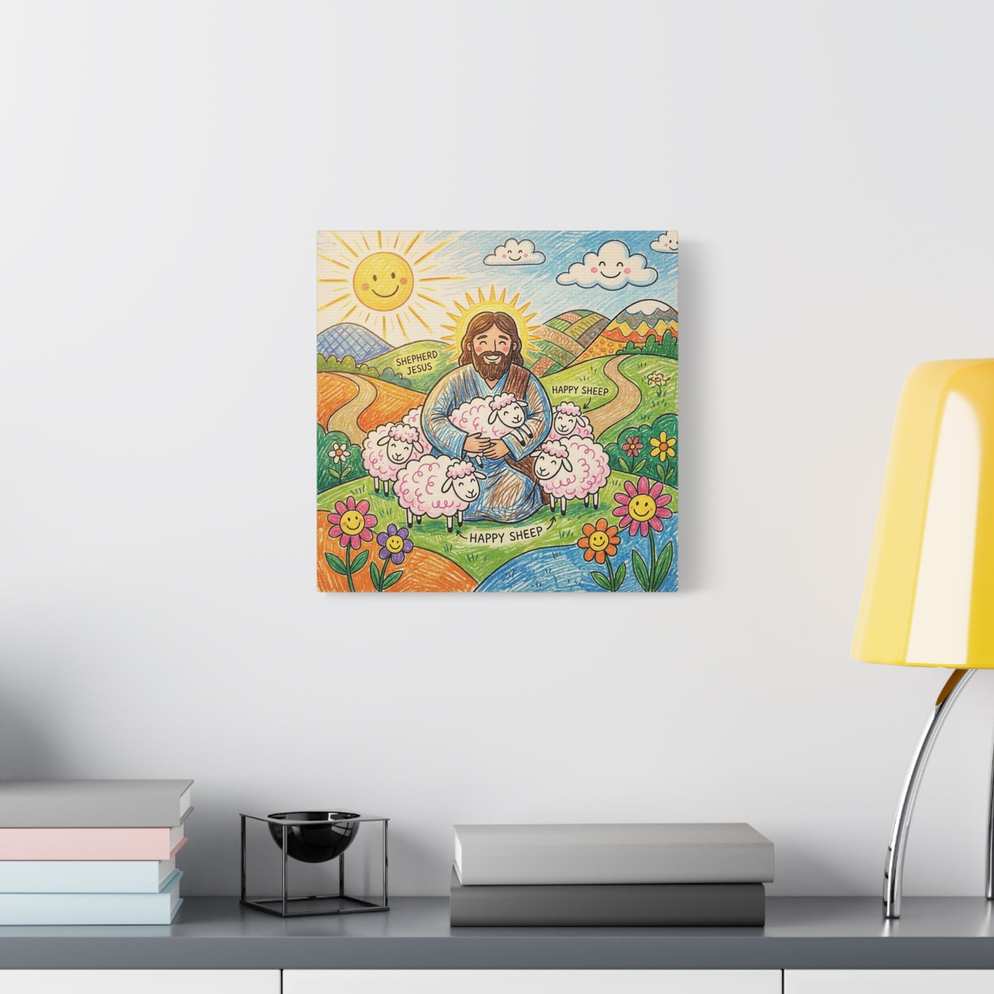 "Shepherd Jesus" "Happy Sheep" Jesus Canvas Wall Art - Christian Kids Nursery Decor, Colorful Religious Print - Matte Cotton Canvas - Playroom Bedroom Classroom Decoration - Living Room Wall Decor