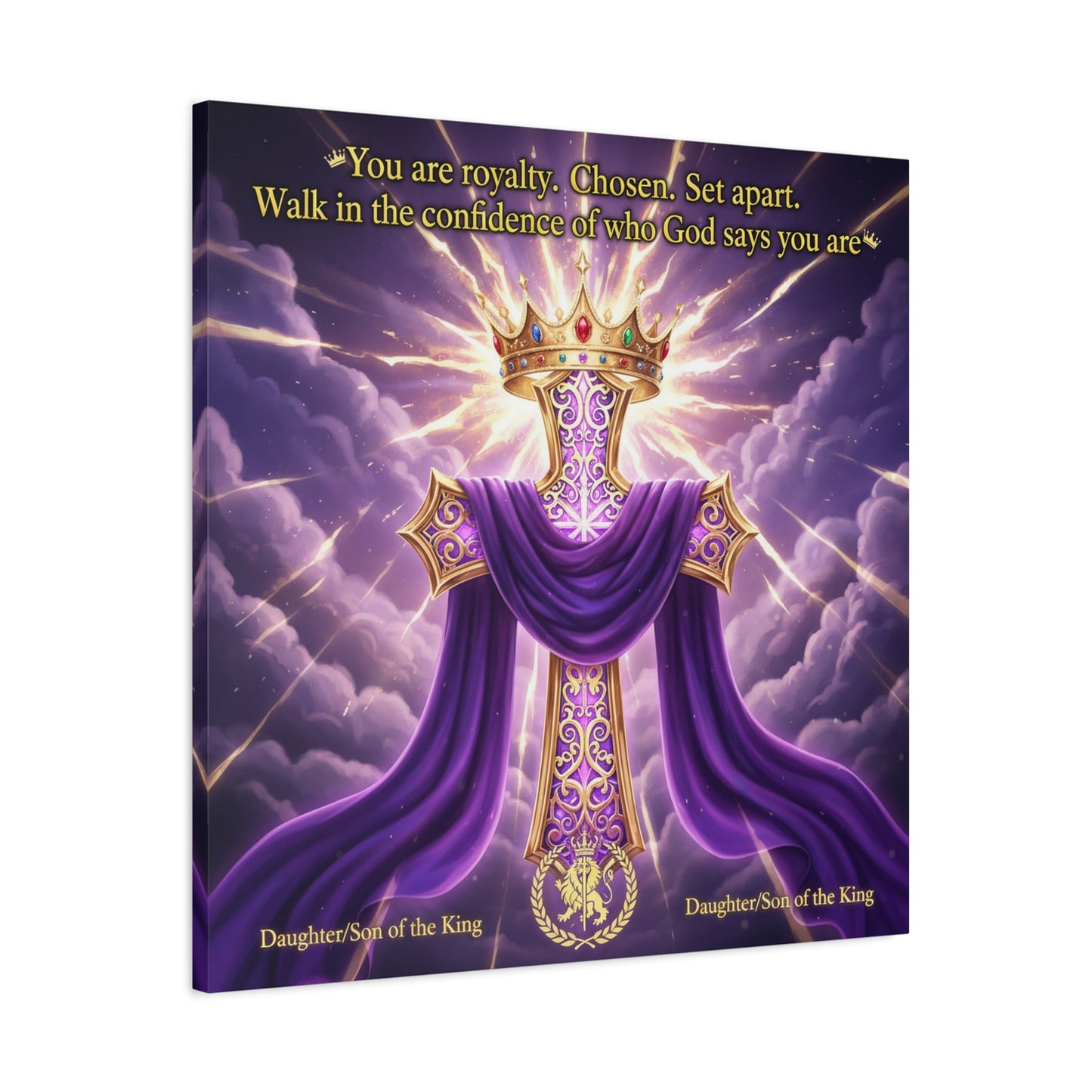 "You Are Royalty. Chosen. Set Apart." Christian Canvas Wall Art - Crowned Cross With Purple Draped Cloth, Daughter Son Of The King Quote - Religious Wall Decor For Bedroom, Office - Ready to Hang