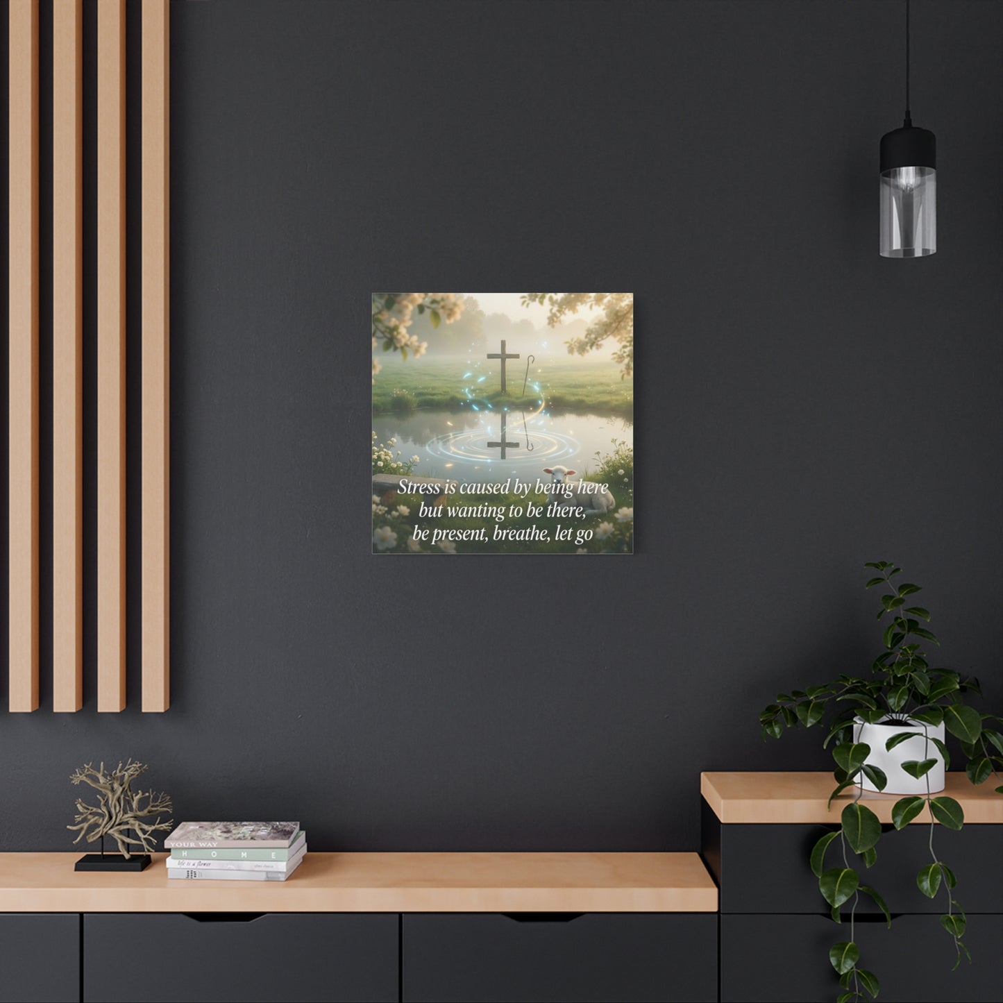 "Stress is caused by being here but wanting to be there, be present, breathe, let go" Cross Canvas Wall Art - Christian Inspirational Pond Scene - Traditional Style - Bedroom Wall Decor