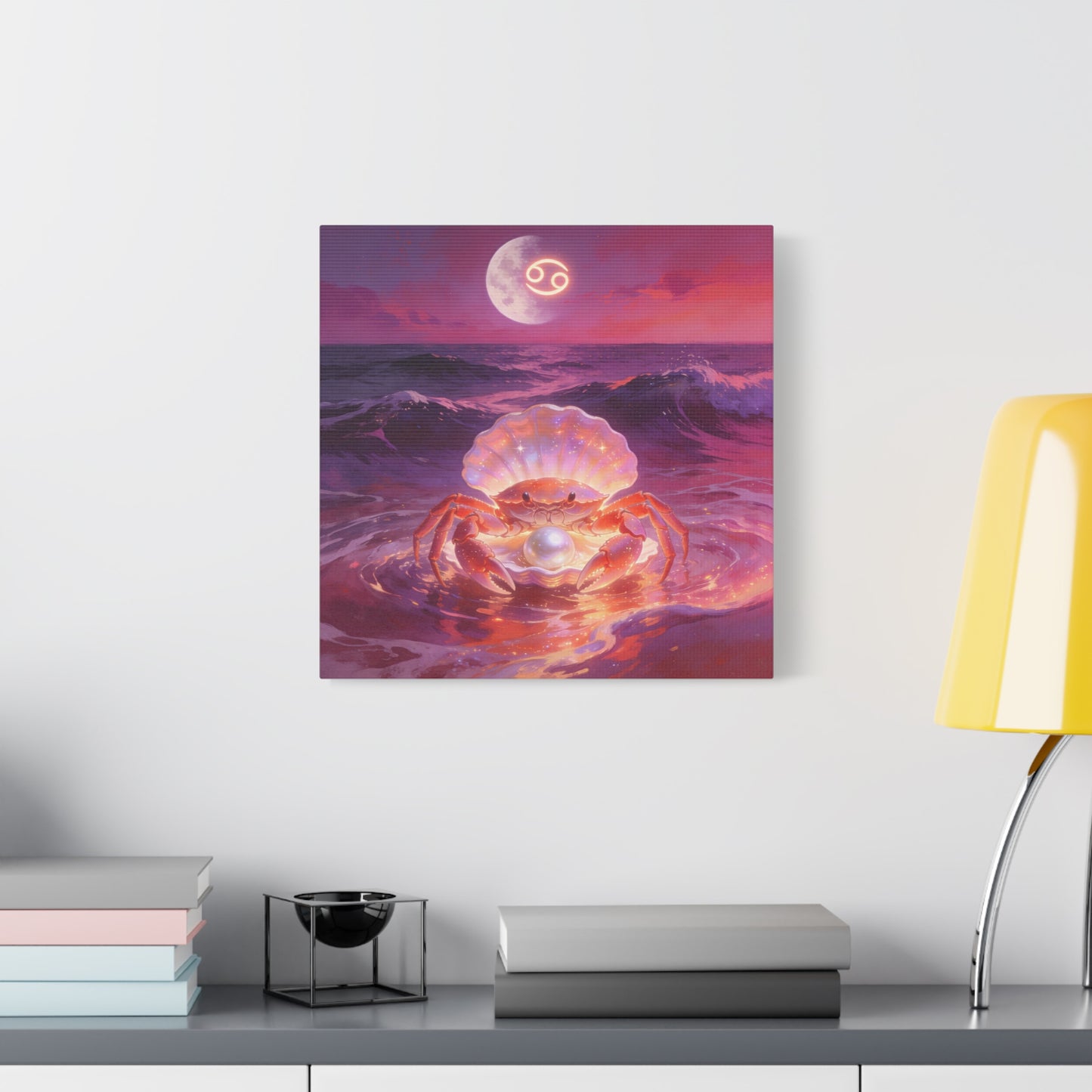 Cancer Zodiac Crab Canvas Wall Art - Moonlit Ocean Pearl Illustration, Pink Purple Seascape - Surreal Coastal Style - Living Room Wall Decor, Bedroom Home Decoration - Bedroom Home Decoration