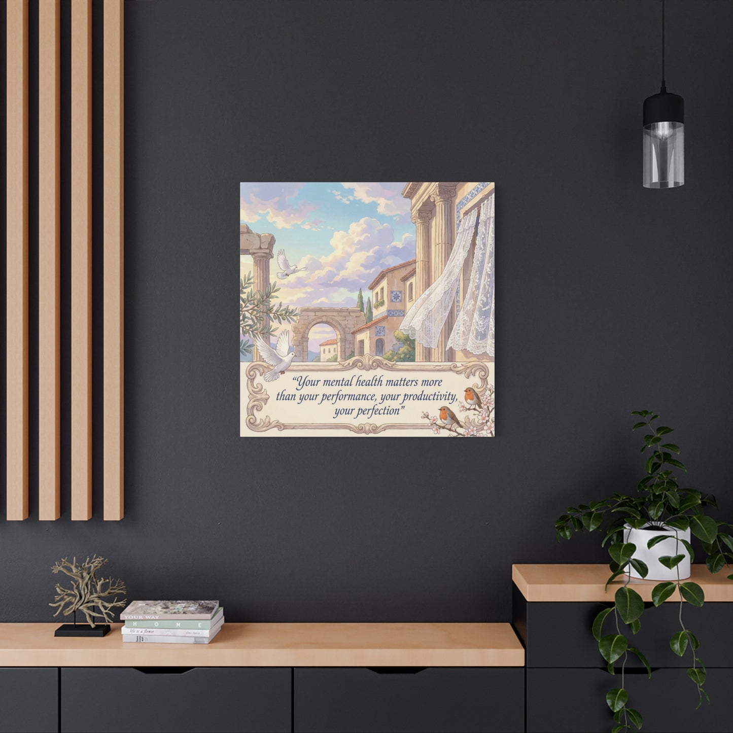 "Your Mental Health Matters More Than Your Performance, Productivity, Perfection" Canvas Wall Art - Dove Courtyard Quote Print - Pastel Mediterranean Decor - Bedroom Office Wall Hanging