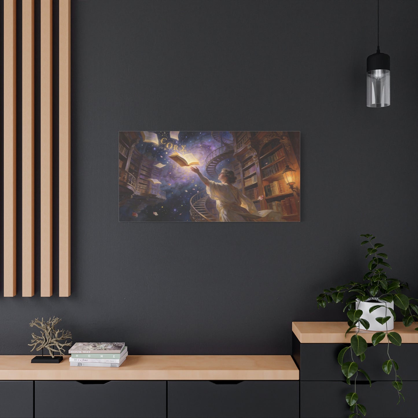 "CORZ" Fantasy Library Canvas Wall Art - Woman Reaching For Floating Book, Celestial Bookshelves, Spiral Staircase - Matte Cotton Print - Surreal Reading Room Decor, Office Art - Workspace Wall Decor