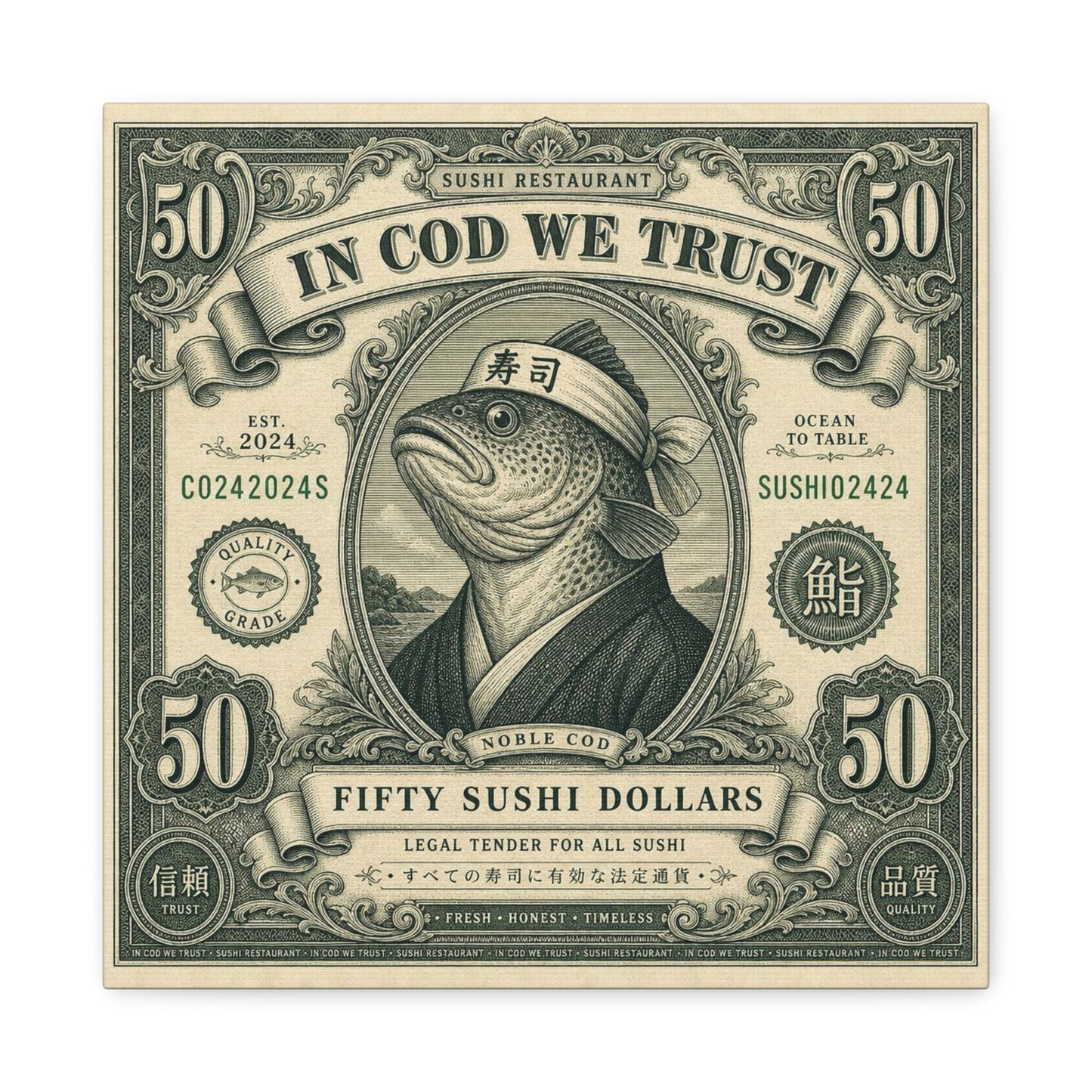"In Cod We Trust" Sushi Restaurant Canvas Wall Art - Vintage Money Bill Fish Illustration, Typography Poster Style, Cotton Canvas Print, Cafe Decor, Dining Room Accent, Office Art - Ready to Hang