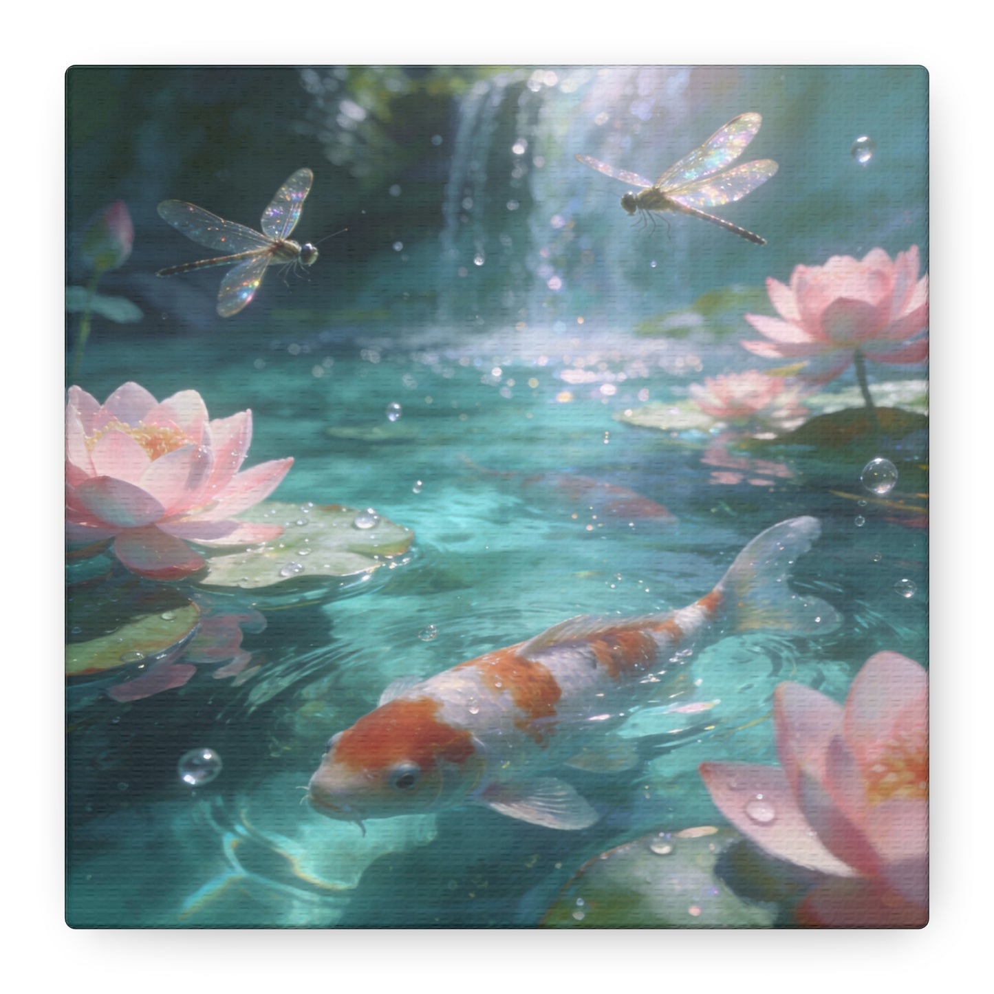 Koi Fish Lotus Canvas Wall Art - Dragonflies Over Teal Pond Water, Pink Water Lily Floral Scene - Dreamy Matte Canvas Print - Bedroom Wall Decor, Living Room Home Accent - Bedroom Home Decoration