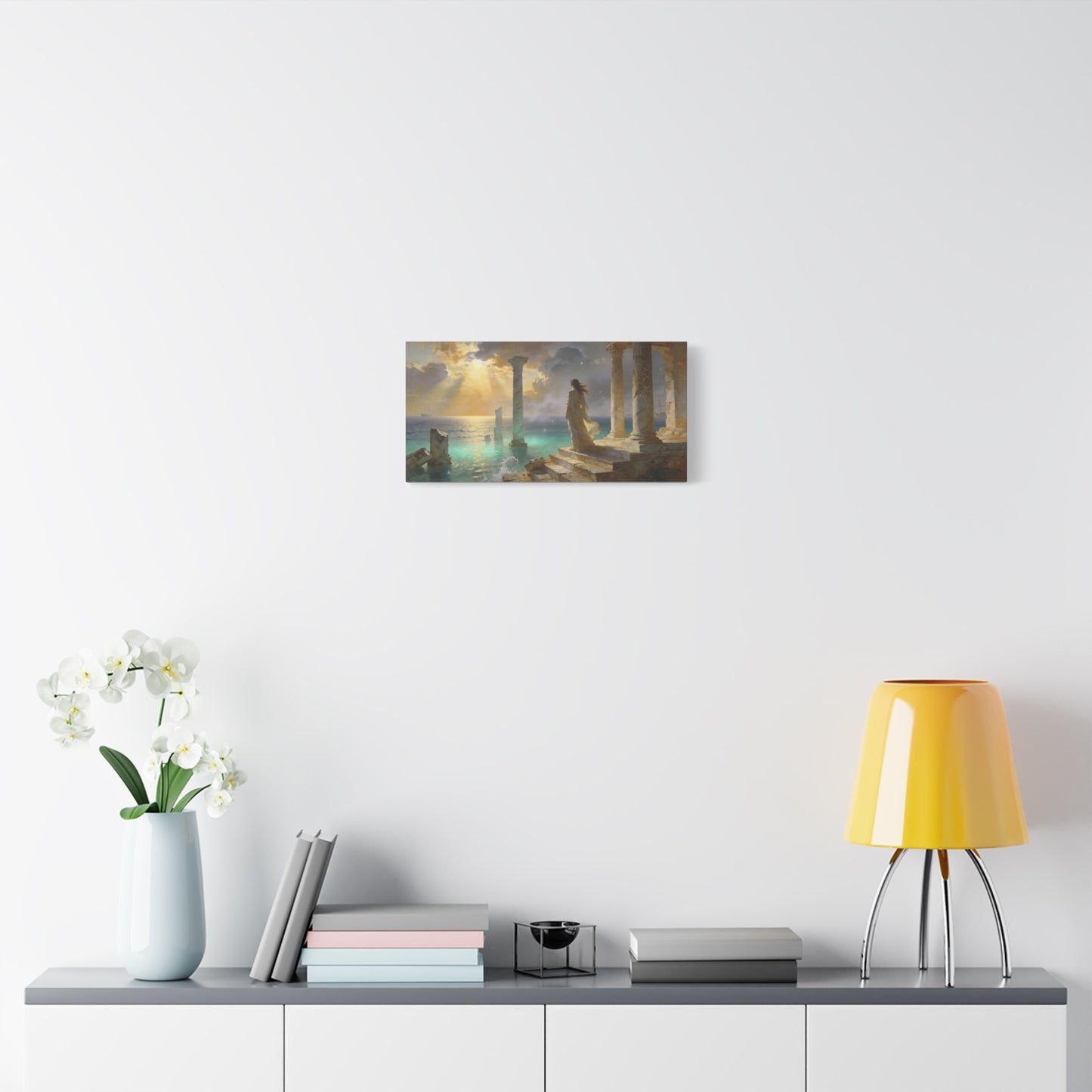 Seaside Ruins Canvas Wall Art - Woman In Flowing Gown, Sunbeams Over Ancient Columns - Luminous Coastal Painting - Living Room Wall Decor, Bedroom Home Decoration, Office Art - Bedroom Home Decoration