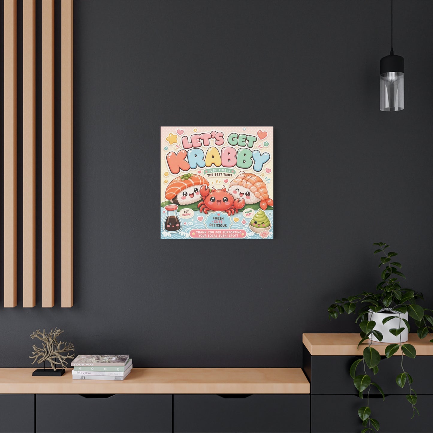 "Let's Get Krabby" Sushi Quote Canvas Wall Art - Kawaii Salmon Nigiri Shrimp Crab Illustration - Pastel Typography - Cafe Wall Decor, Restaurant Wall Hanging, Cute Food Sign - Reception Area Decor
