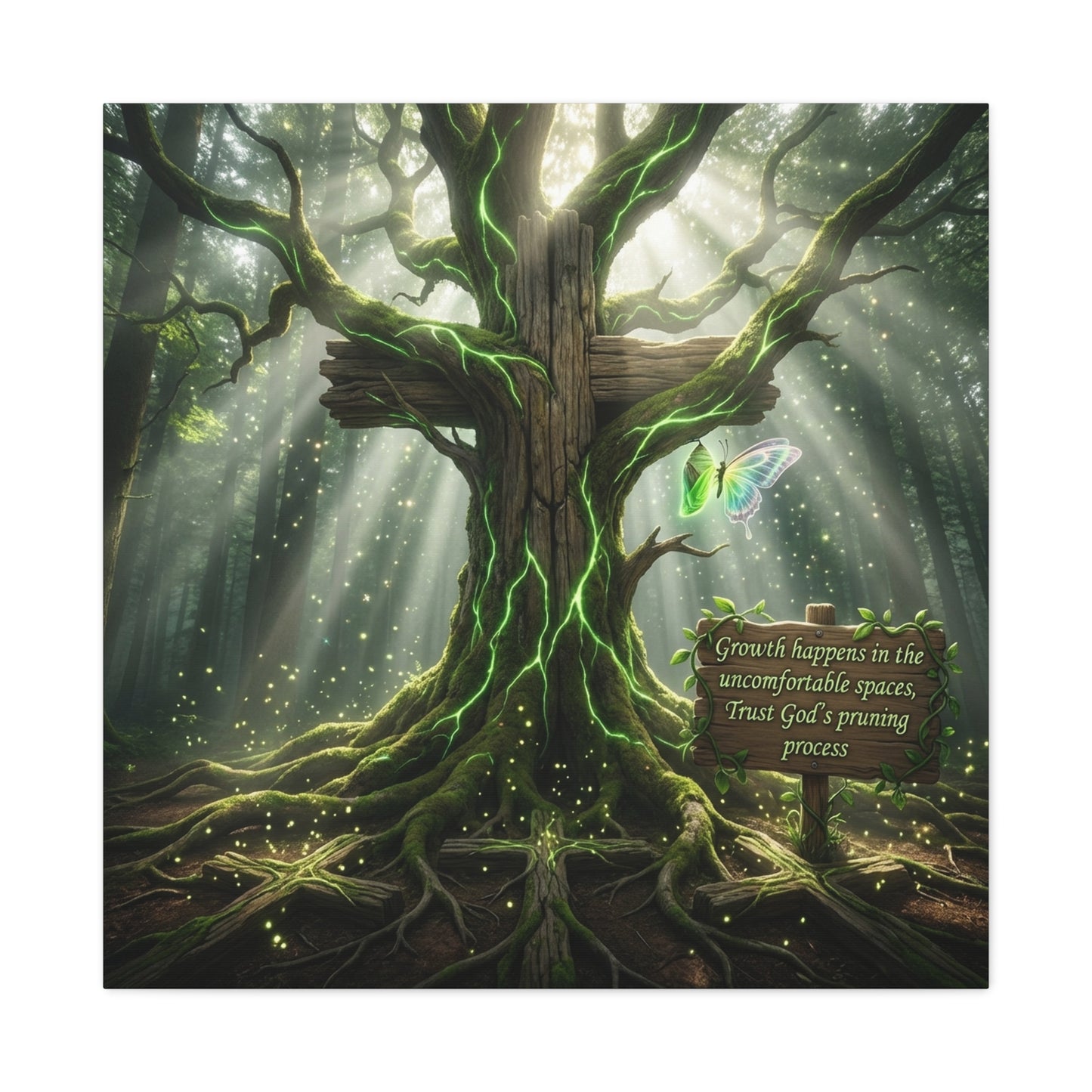 "Growth Happens In The Uncomfortable Spaces, Trust God's Pruning Process" Christian Canvas Wall Art - Forest Tree Cross, Butterfly - Inspirational Rustic Decor - Living Room Wall Decor - Ready to Hang