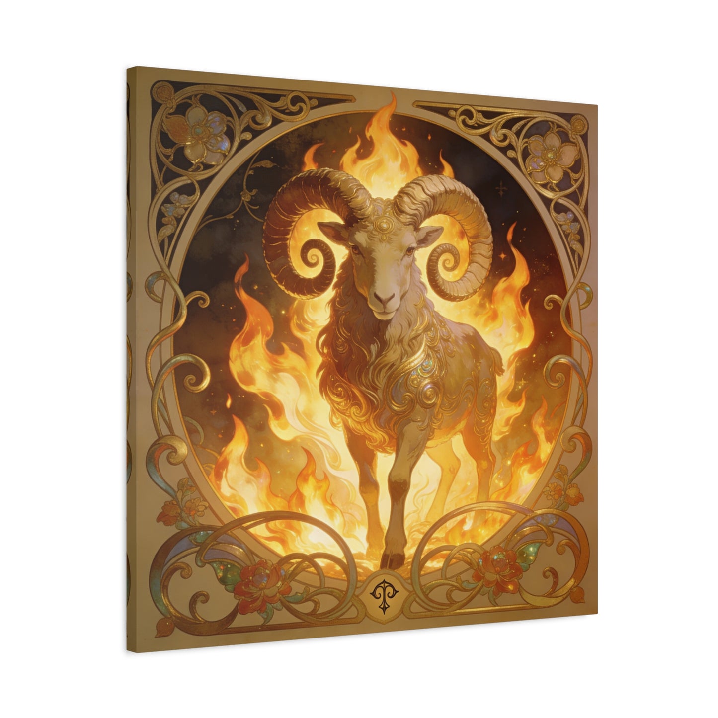 Aries Ram Canvas Wall Art - Fiery Zodiac Illustration, Ornate Gold Nouveau Design - Matte Cotton Art Print - Bohemian Astrology Decor, Bedroom Home Decoration, Office Wall Art - Modern Farmhouse Style