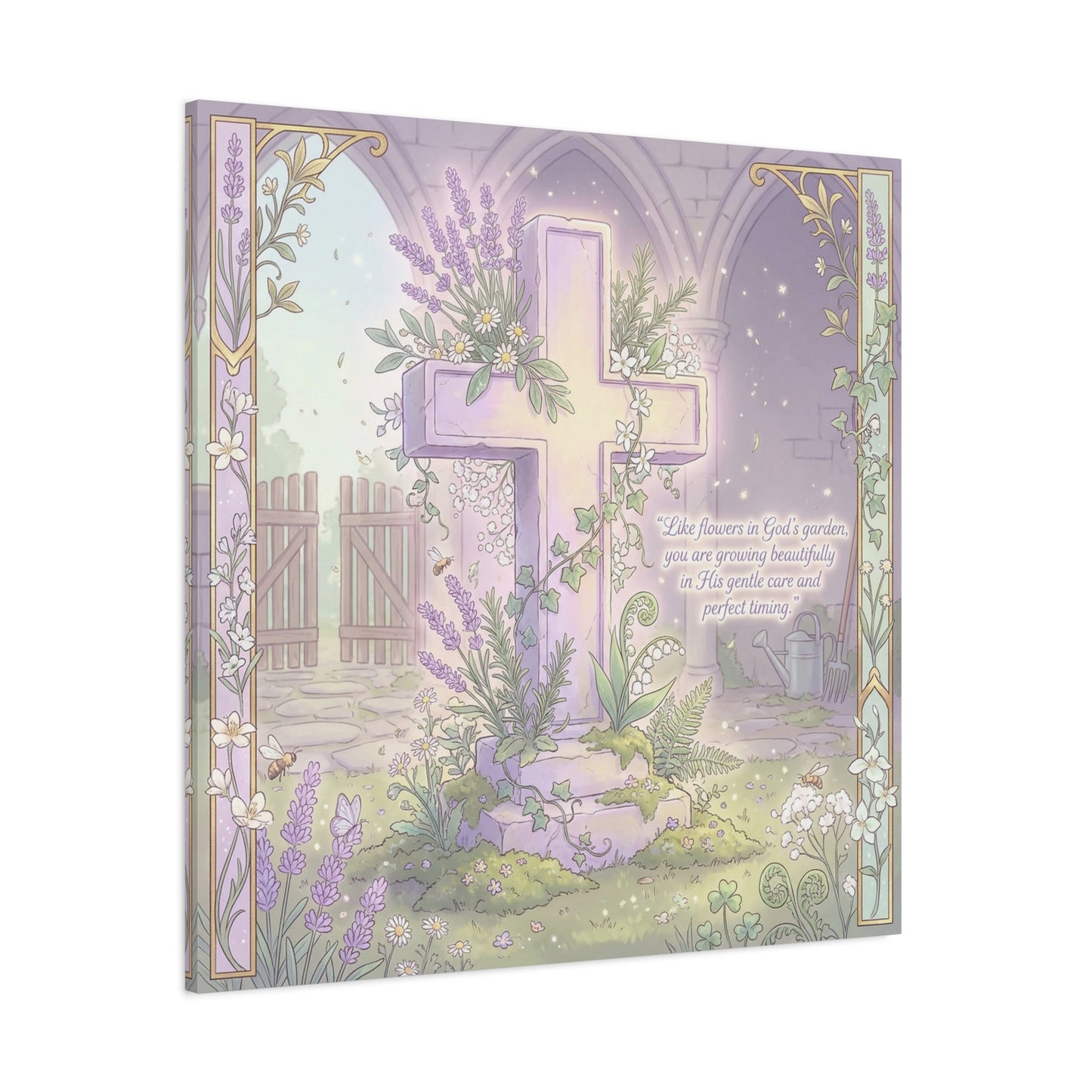 "Like Flowers In God's Garden, You Are Growing Beautifully" Christian Canvas Wall Art - Floral Cross Scripture Decor - Lavender Garden Illustration - Bedroom Home Decoration, Living Room Accent