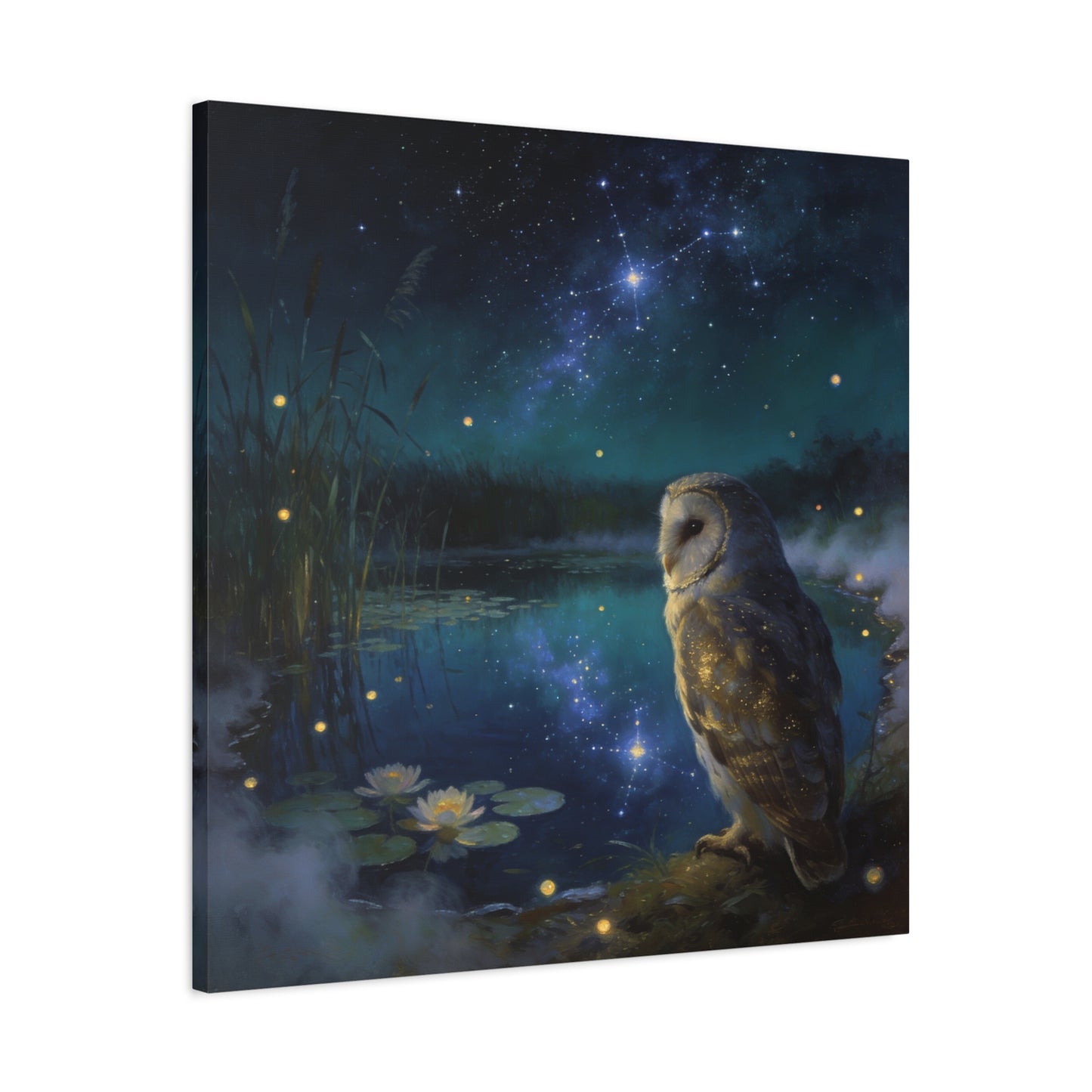 Barn Owl Canvas Wall Art - Moonlit Pond, Fireflies, Water Lilies, Starry Night Sky - Dreamy Wildlife Painting - Matte Finish Canvas Print - Bedroom Wall Decor, Nursery Accent - Bedroom Home Decoration