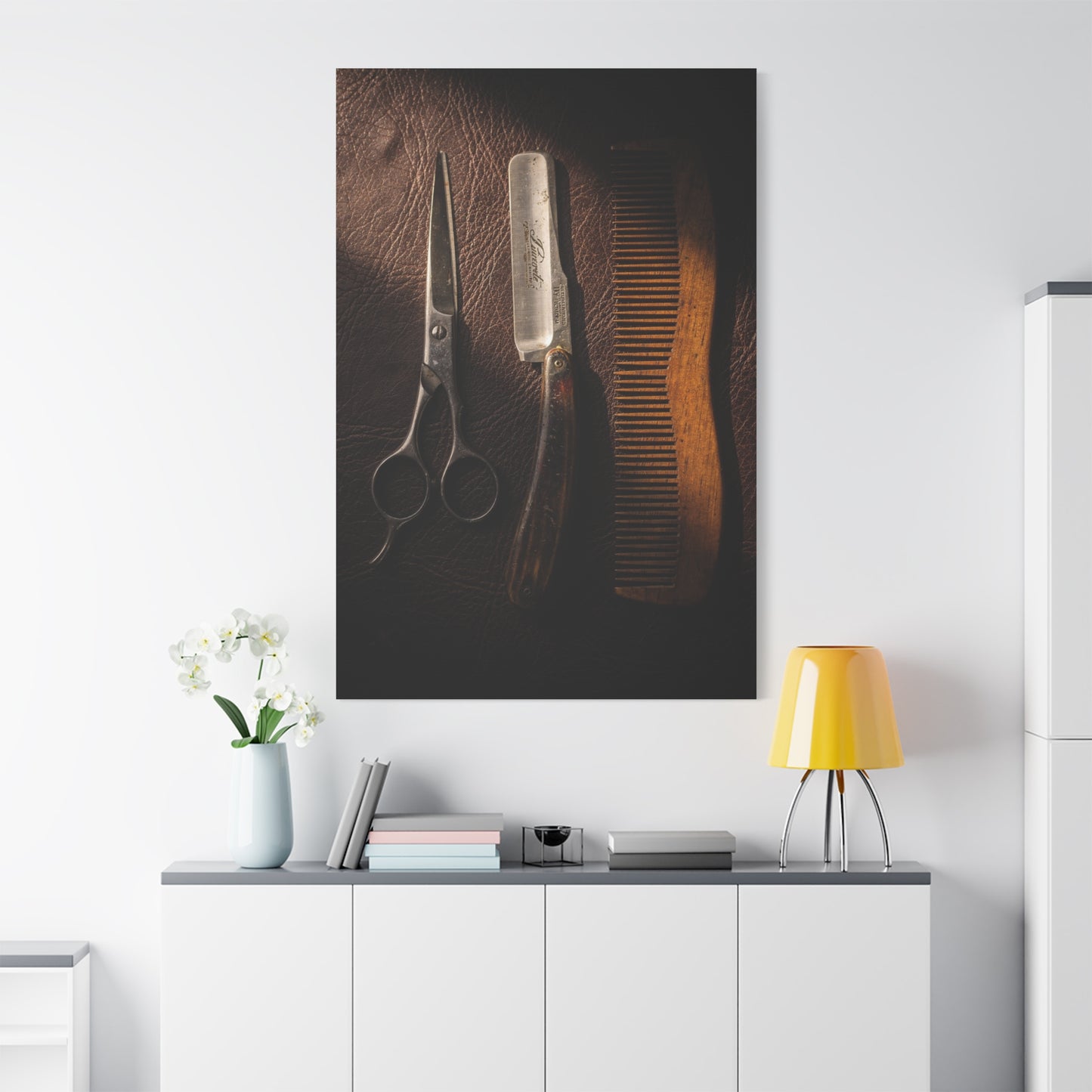 Vintage Barber Tools Canvas Wall Art - Scissors, Straight Razor, Wooden Comb Still Life - Rustic Art Print - Traditional Barbershop Decor, Salon Wall Accent, Home Office Display