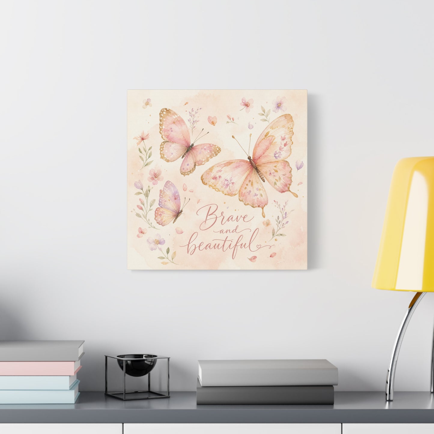 "Brave And Beautiful" Butterfly Canvas Wall Art - Pink Floral Watercolor Quote Print - Inspirational Girls Bedroom Decor - Nursery Wall Hanging - Bedroom Home Decoration - Modern Farmhouse Style