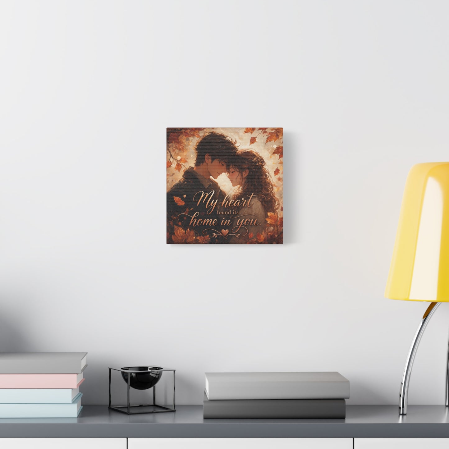 "My Heart Found Its Home In You" Romantic Couple Canvas Wall Art - Autumn Leaves Love Quote Print, Warm Rustic Traditional Style - Bedroom Wall Decor - Ready to Hang - Bedroom Home Decoration