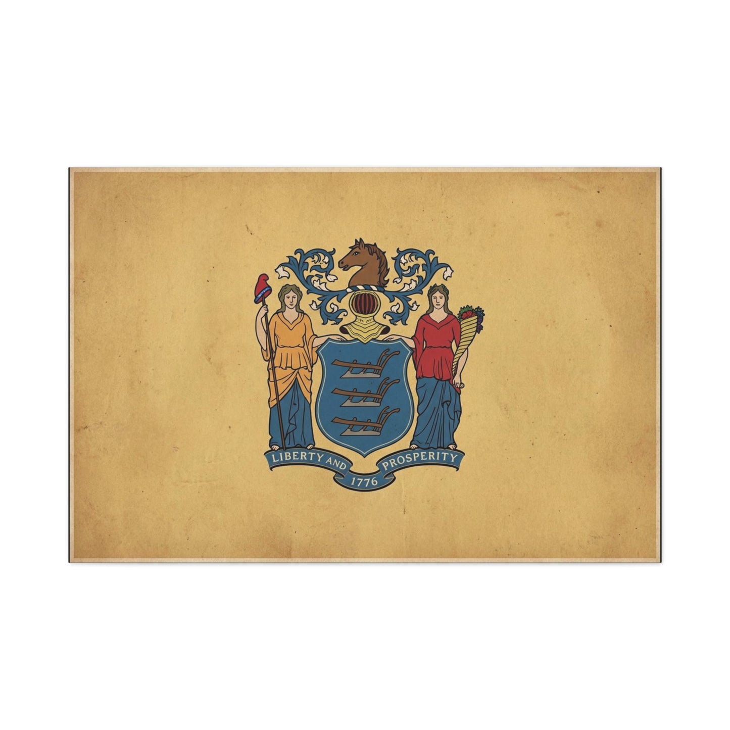 "Liberty And Prosperity 1776" New Jersey State Flag Canvas Wall Art - Vintage Tan Crest Banner Print, Patriotic Heritage Decor - Office Wall Art