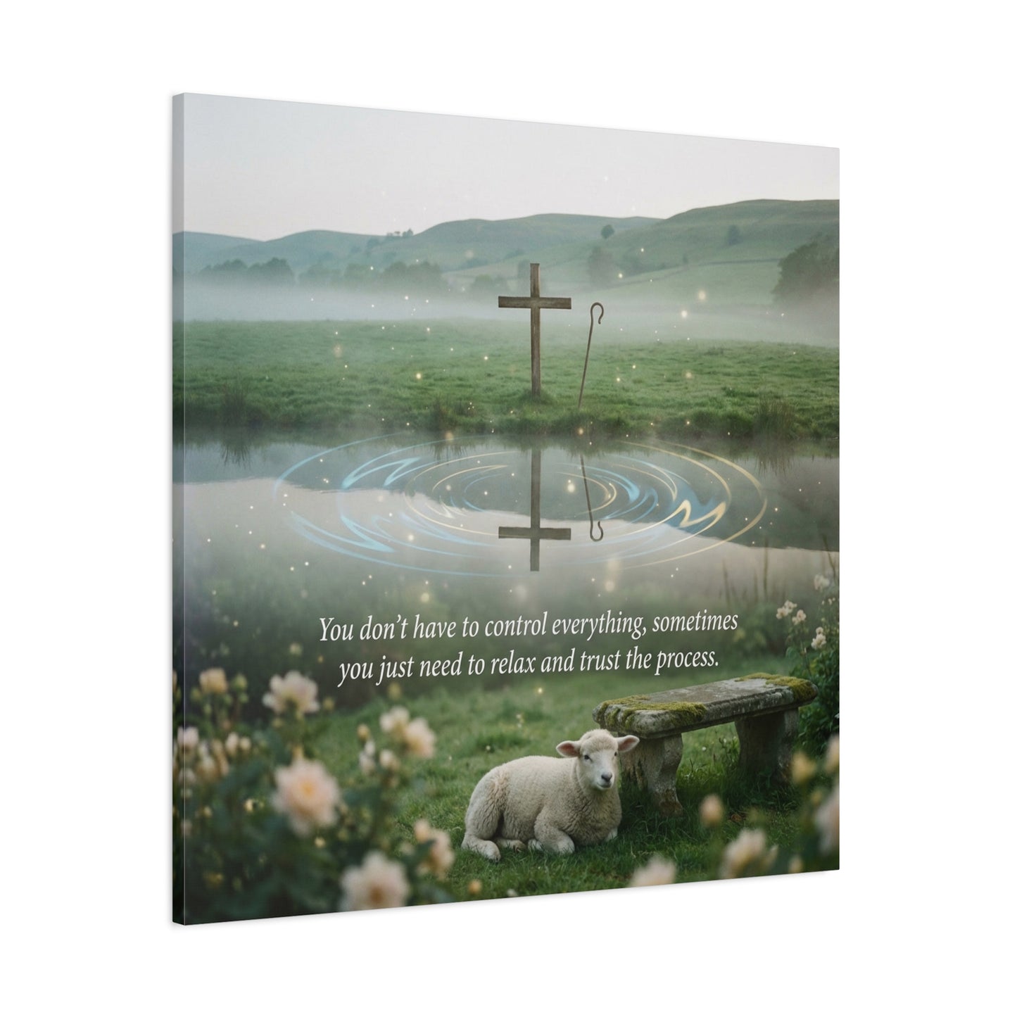"You Don’t Have To Control Everything, Sometimes You Just Need To Relax And Trust The Process" Canvas Wall Art - Christian Cross, Lamb Meadow Scene - Inspirational Farmhouse Decor - Office Wall Art