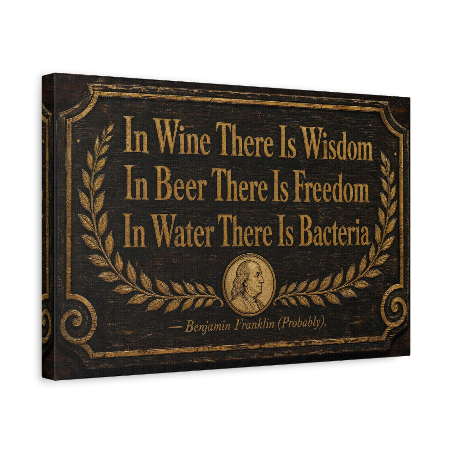 "In Wine There Is Wisdom In Beer There Is Freedom" Canvas Wall Art - Vintage Bar Quote Print, Rustic Tavern Style, Brown Gold Typography Decor, Home Bar - Office Wall Art - Cocktail Lounge Decor