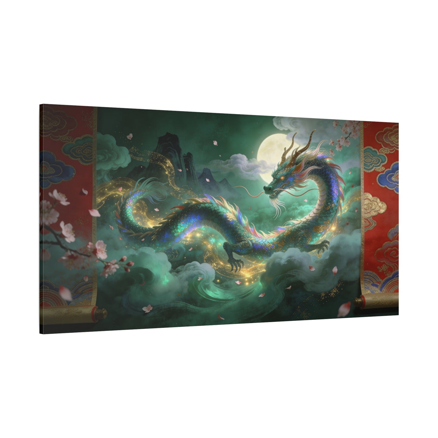 Moonlit Chinese Dragon Canvas Wall Art - Fantasy Cloudscape, Cherry Blossoms, Gold Accents - Luminous Asian Illustration - Living Room Wall Decor, Bedroom Home Decoration - Bedroom Home Decoration