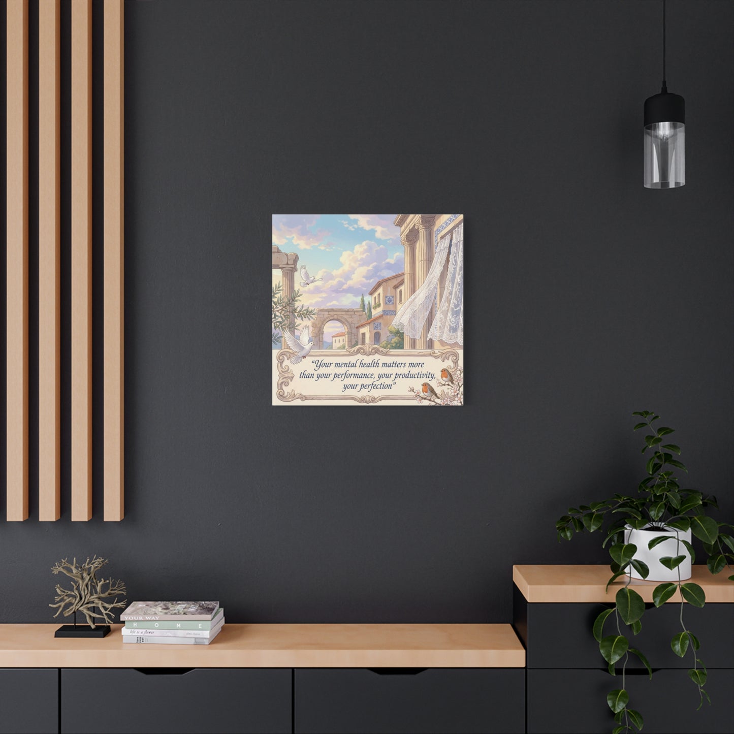 "Your Mental Health Matters More Than Your Performance, Productivity, Perfection" Canvas Wall Art - Dove Courtyard Quote Print - Pastel Mediterranean Decor - Bedroom Office Wall Hanging