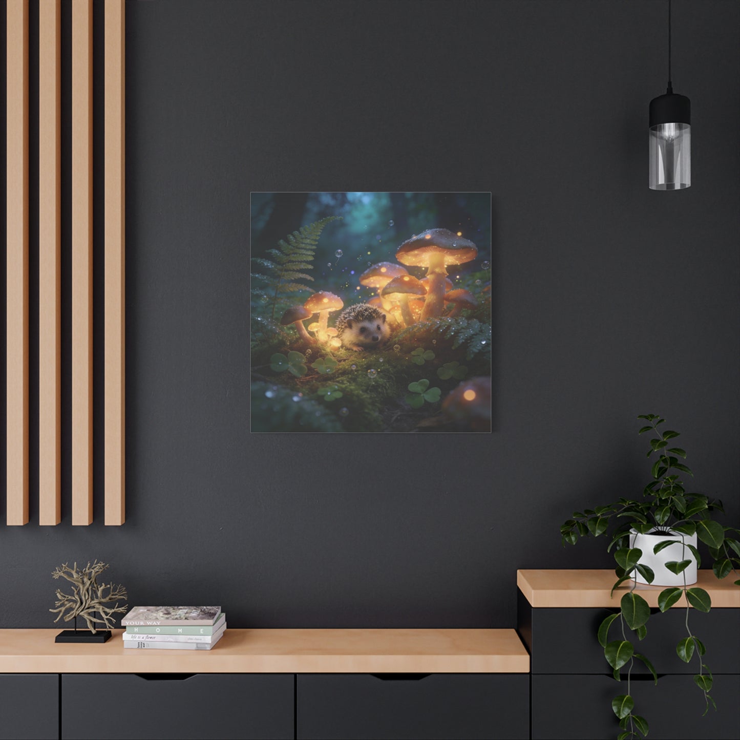 Hedgehog Mushroom Canvas Wall Art - Glowing Forest Fantasy Animal Print - Matte Cotton Art Print, Whimsical Woodland Style - Bedroom Wall Decor, Nursery Home Decoration Accent - Modern Farmhouse Style