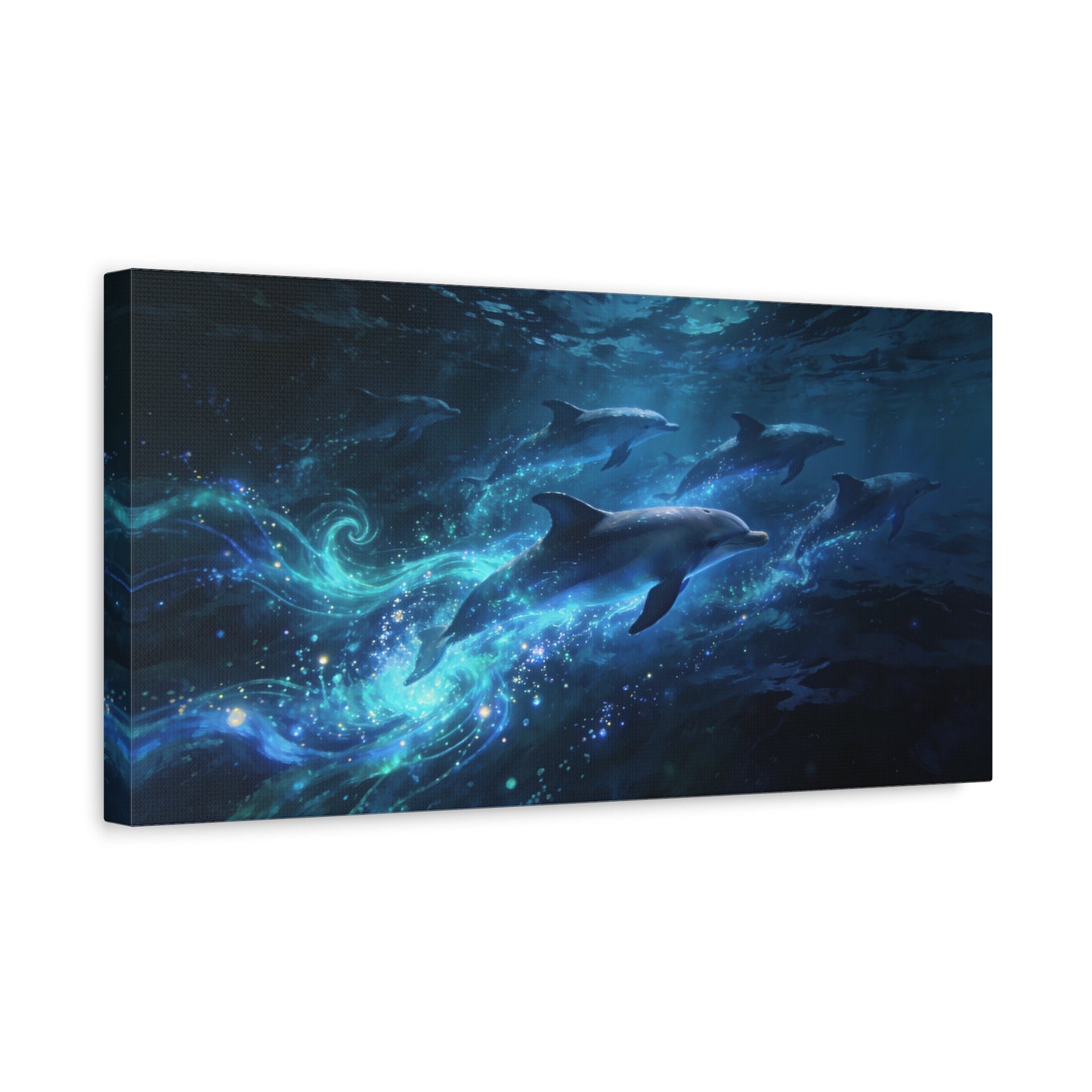 Dolphin Pod Canvas Wall Art - Glowing Underwater Ocean Scene, Blue Fantasy Marine Print - Matte Cotton Artwork - Coastal Style Living Room Wall Decor, Bedroom Home Decoration - Bedroom Home Decoration