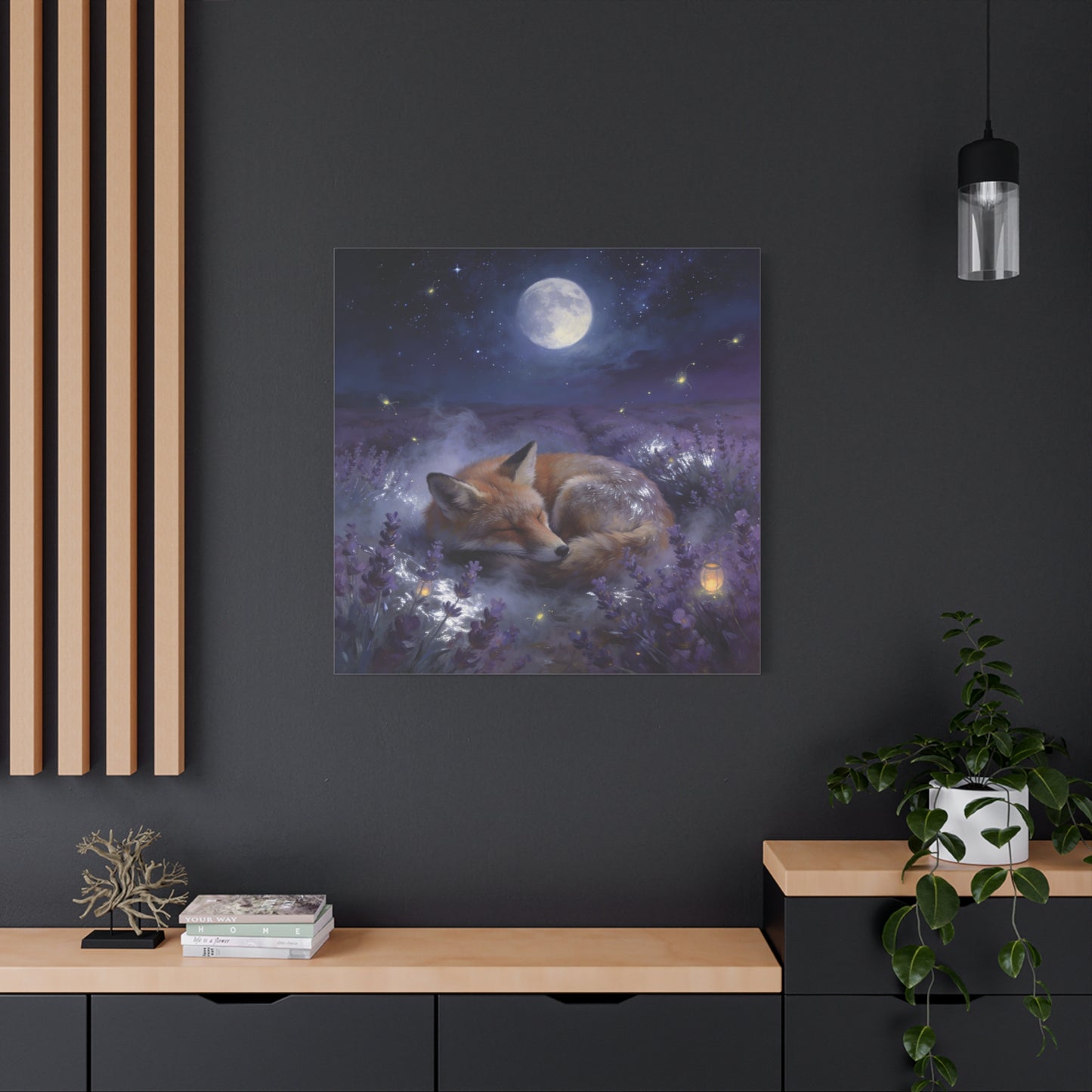 Sleeping Red Fox Canvas Wall Art - Moonlit Lavender Field, Fireflies, Starry Night Sky - Dreamy Woodland Animal Print - Matte Finish Canvas - Bedroom Wall Decor, Nursery Accent - Cozy Reading Nook Art