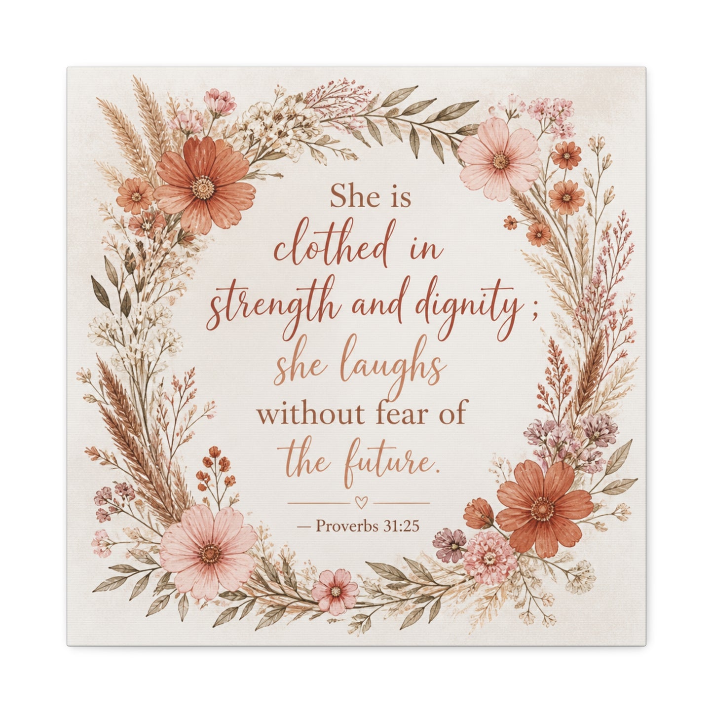 "She Is Clothed In Strength And Dignity" Floral Canvas Wall Art - Proverbs 31:25 Scripture Quote, Blush Wildflower Wreath, Farmhouse Style, Bedroom Wall Decor - Bedroom Home Decoration - Ready to Hang