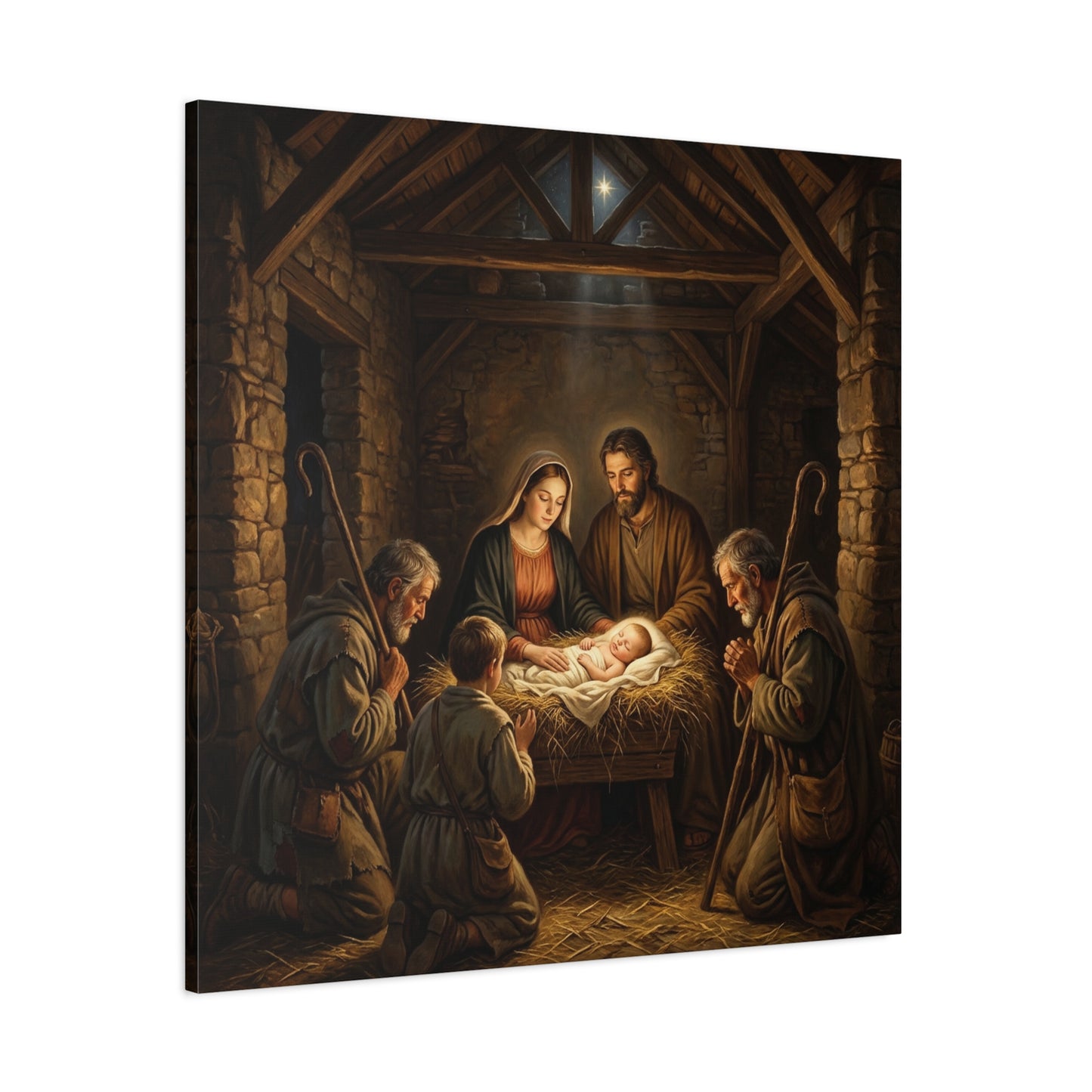 Nativity Scene Canvas Wall Art - Baby Jesus, Virgin Mary, Saint Joseph In Bethlehem Stable - Matte Cotton Print For Living Room Bedroom - Living Room Wall Decor - Bedroom Home Decoration