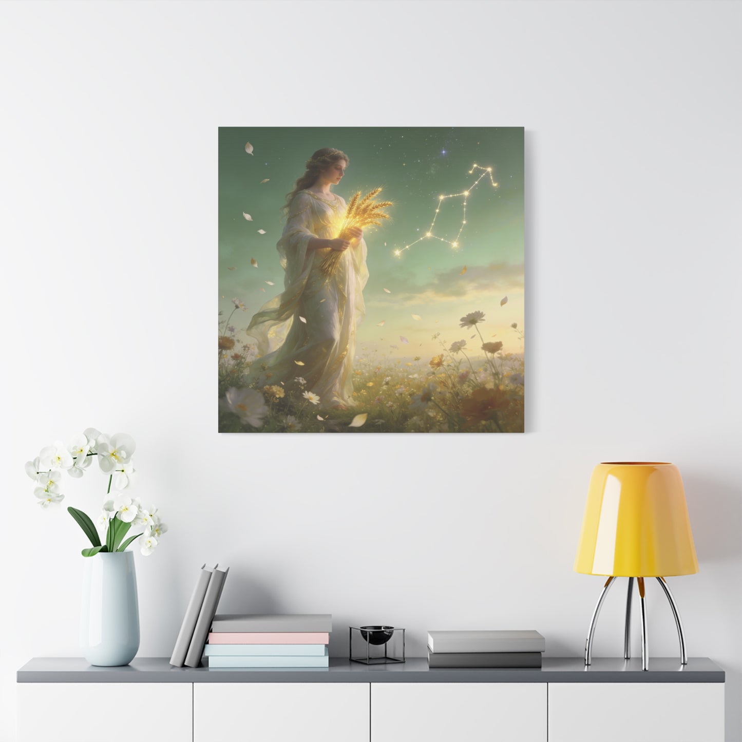 Virgo Maiden Canvas Wall Art - Celestial Wheat Goddess Illustration, Luminous Zodiac Sky, Matte Cotton Print, Bohemian Bedroom Decor, Meditation Space Accent, Ready To Hang - Living Room Wall Decor