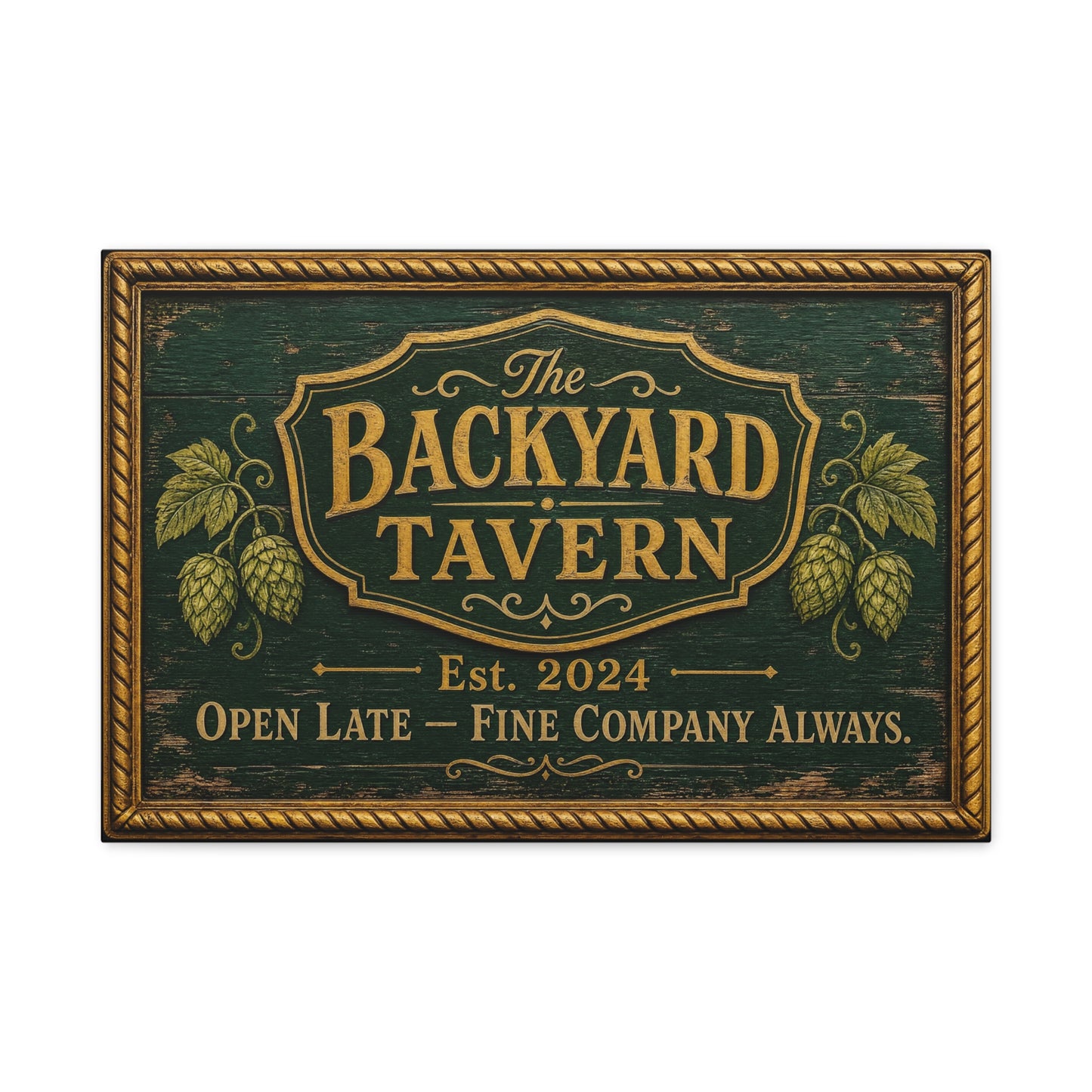 "The Backyard Tavern" Canvas Wall Art - Vintage Pub Sign, Rustic Typography Decor - Green And Gold Tavern Style Print, Bar Room Wall Decor - Ready to Hang - Ready to Hang - Speakeasy Style Sign