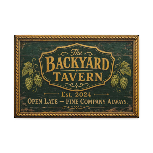 "The Backyard Tavern" Canvas Wall Art - Vintage Pub Sign, Rustic Typography Decor - Green And Gold Tavern Style Print, Bar Room Wall Decor - Ready to Hang - Ready to Hang - Speakeasy Style Sign