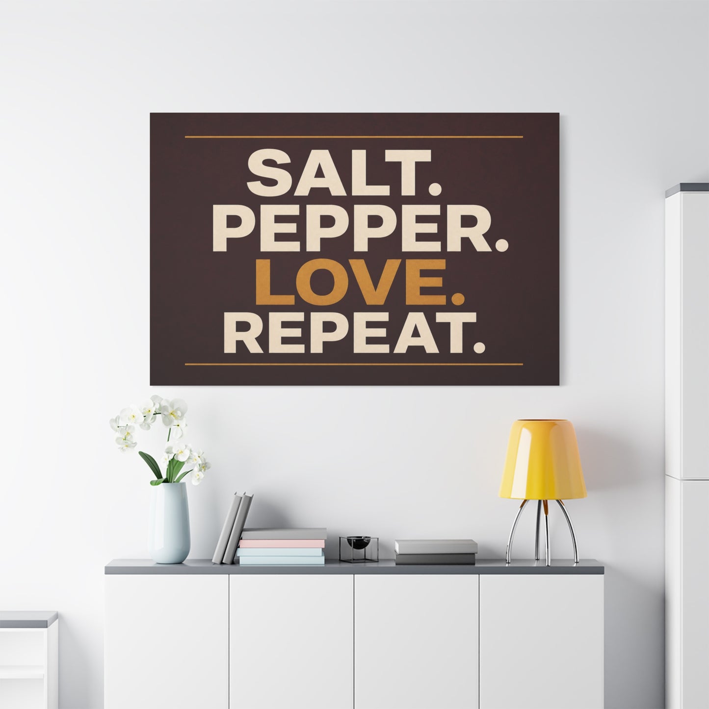 "Salt. Pepper. Love. Repeat." Typography Canvas Wall Art - Kitchen Quote Wall Decor, Modern Farmhouse Home Decoration, Brown And Gold Minimalist Canvas Print For Dining Room - Bedroom Home Decoration