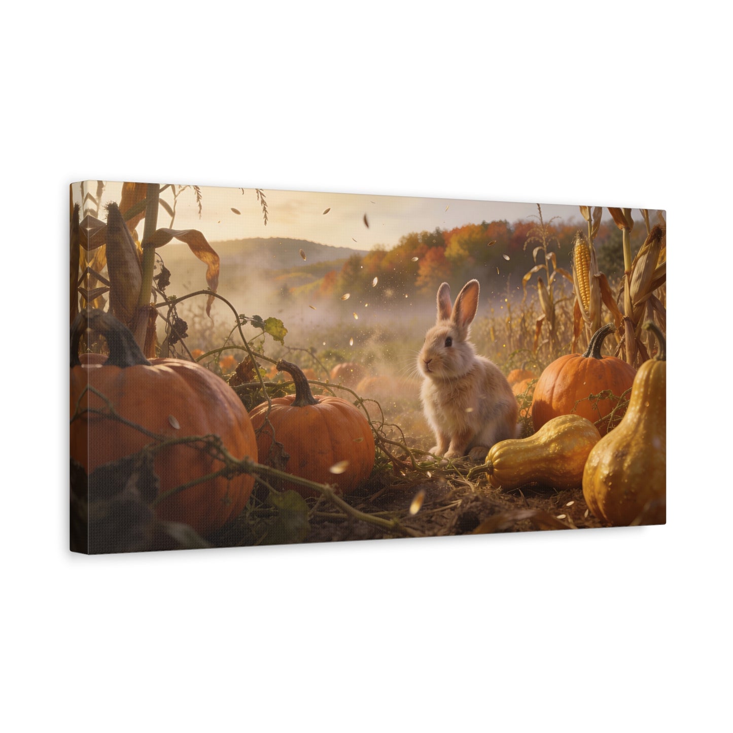 Autumn Bunny Canvas Wall Art - Rabbit In Pumpkin Patch, Golden Harvest Farm Scene - Rustic Matte Canvas Print - Bedroom Wall Decor, Living Room Home Decoration, Nursery Accent - Modern Farmhouse Style