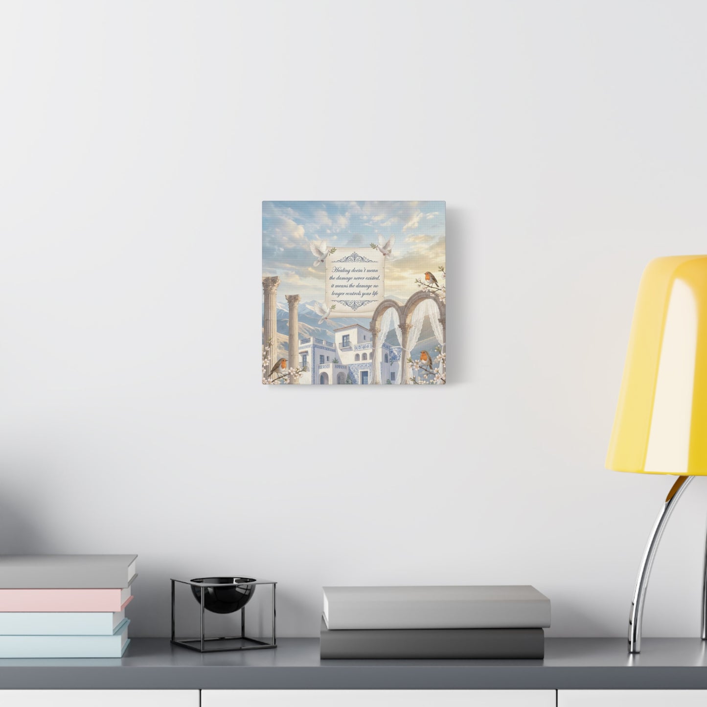 "The Damage No Longer Controls Your Life" Inspirational Canvas Wall Art - Doves, Robins, Classical Arches, Mountain Villa Quote Print - Matte Finish Canvas - Bedroom Home Decoration, Meditation Space
