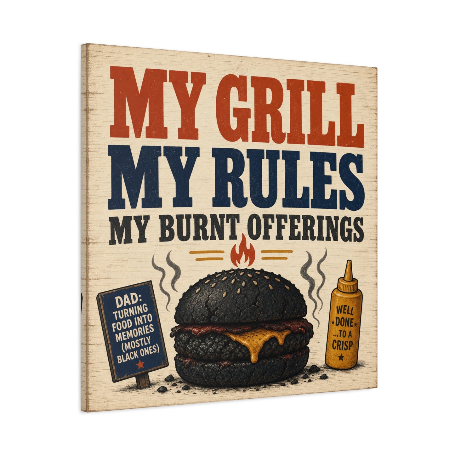 "My Grill My Rules My Burnt Offerings" Funny BBQ Canvas Wall Art - Burnt Burger Grill Sign, Rustic Farmhouse Kitchen Decor, Patriotic Red Blue Typography Print - Man Cave Wall Decor - Ready to Hang