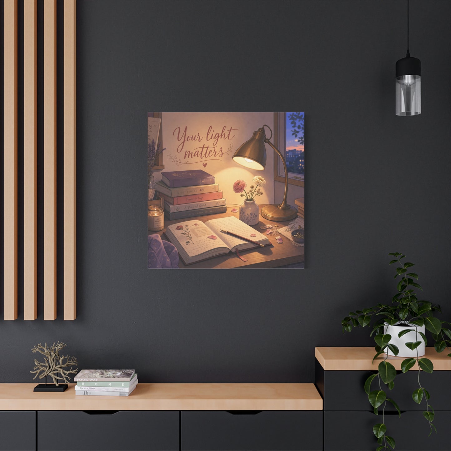 "Your Light Matters" Inspirational Canvas Wall Art - Cozy Desk Lamp Books Floral Print - Warm Vintage Bedroom Wall Decor - Reading Nook Home Decoration - Ready to Hang - Bedroom Home Decoration