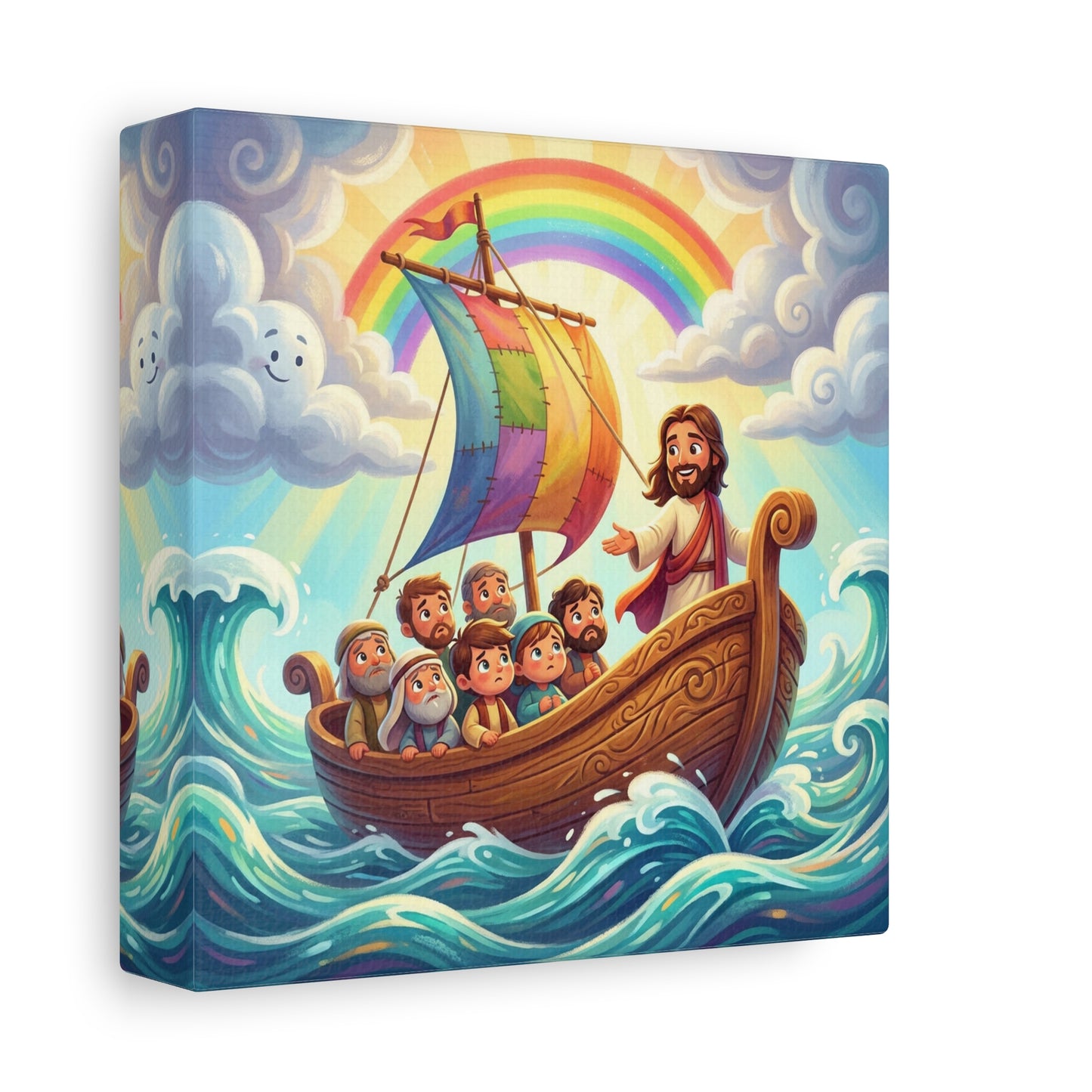Jesus Boat Canvas Wall Art - Rainbow Sail, Disciples At Sea, Christian Nursery Decor - Matte Cotton Print - Whimsical Religious Style For Kids Bedroom Playroom Home Decoration - Living Room Wall Decor