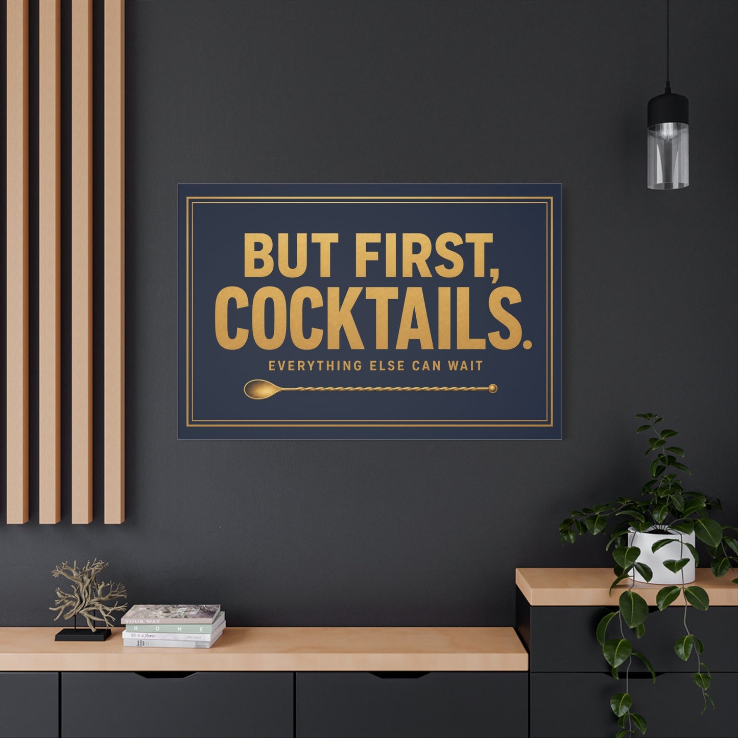"But First, Cocktails. Everything Else Can Wait" Canvas Wall Art - Navy And Gold Typography Bar Decor - Modern Cocktail Lounge Print - Ready to Hang