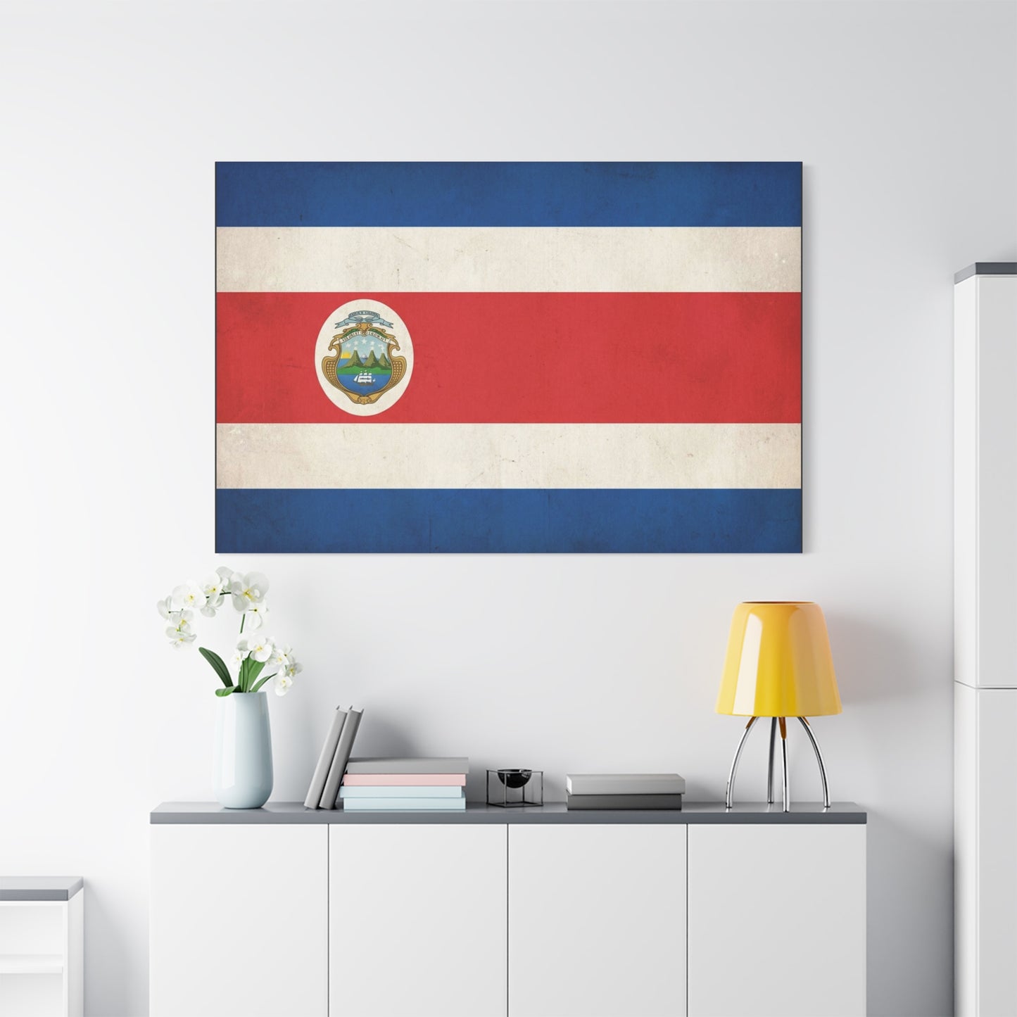 Costa Rica Flag Canvas Wall Art - Vintage National Banner With Coat Of Arms - Patriotic Red White Blue Print - Cultural Heritage Decor For Living Room, Office, Dorm Wall Display - Ready to Hang