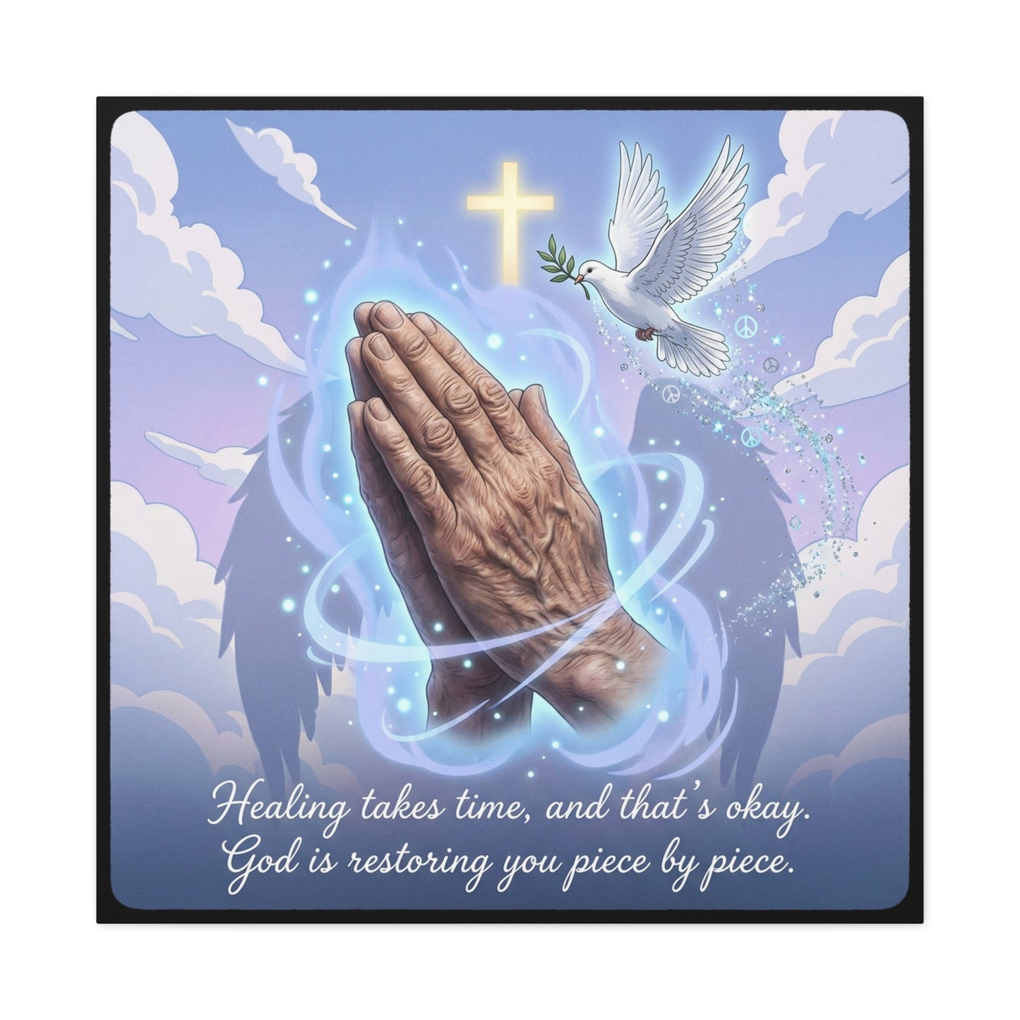 "Healing Takes Time, And That’s Okay. God Is Restoring You Piece By Piece." Christian Canvas Wall Art - Praying Hands, Dove, Cross - Faith Inspired Blue Sky Decor - Bedroom Living Room Office