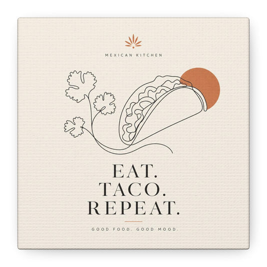 "Eat. Taco. Repeat." Mexican Kitchen Canvas Wall Art - Minimalist Taco Line Illustration, Terracotta Sun, Typography Print - Modern Kitchen Decor, Cafe Wall Decor, Dining Room Accent - Ready to Hang