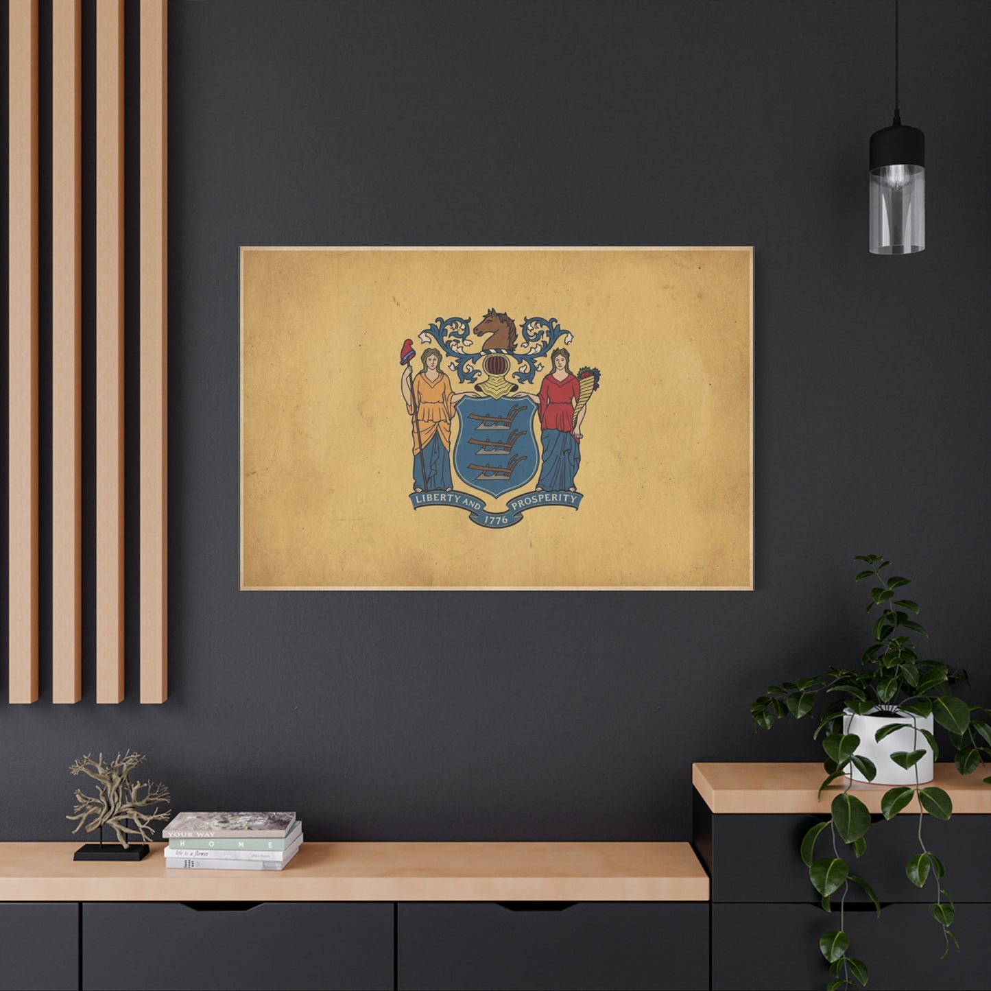 "Liberty And Prosperity 1776" New Jersey State Flag Canvas Wall Art - Vintage Tan Crest Banner Print, Patriotic Heritage Decor - Office Wall Art