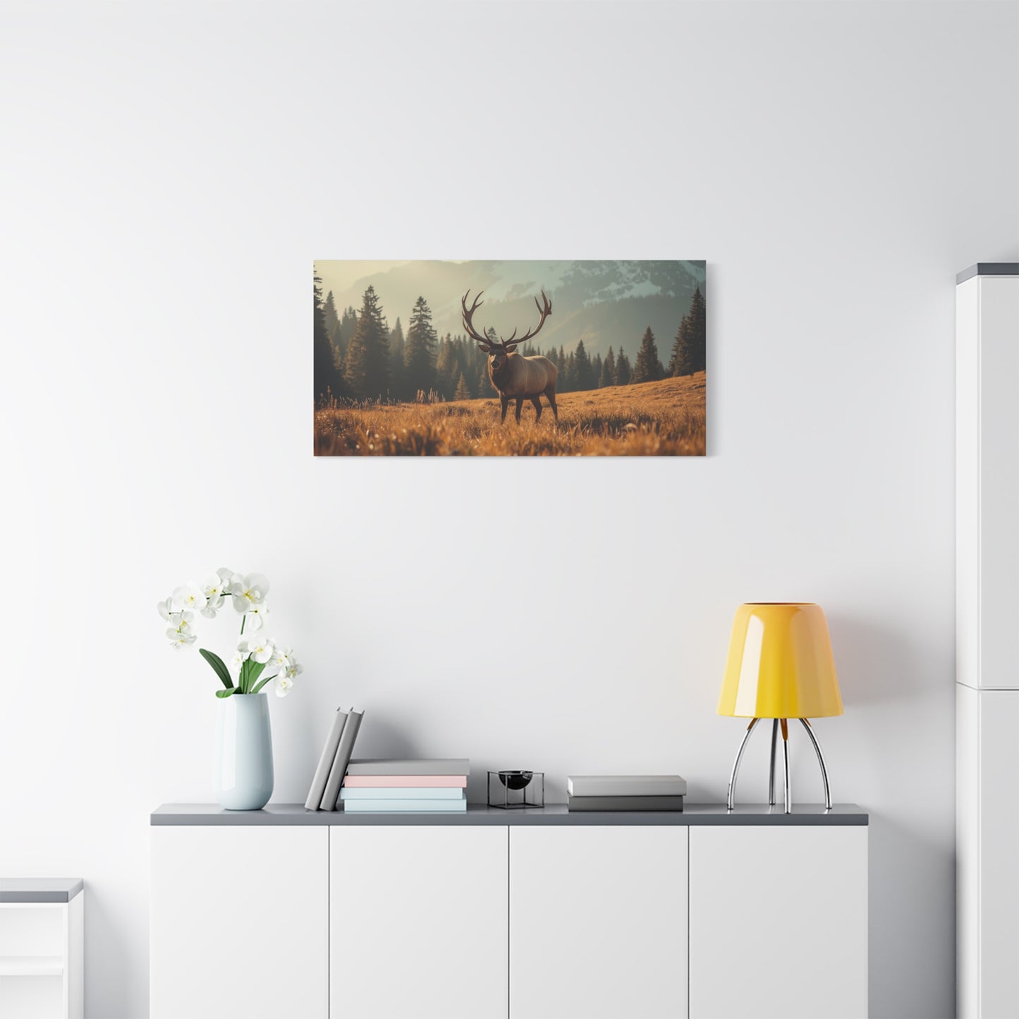 Bull Elk Canvas Wall Art - Mountain Meadow Wildlife Landscape, Golden Light Cotton Print - Rustic Nature Style, Living Room Wall Decor, Lodge Bedroom Home Decoration - Bedroom Home Decoration